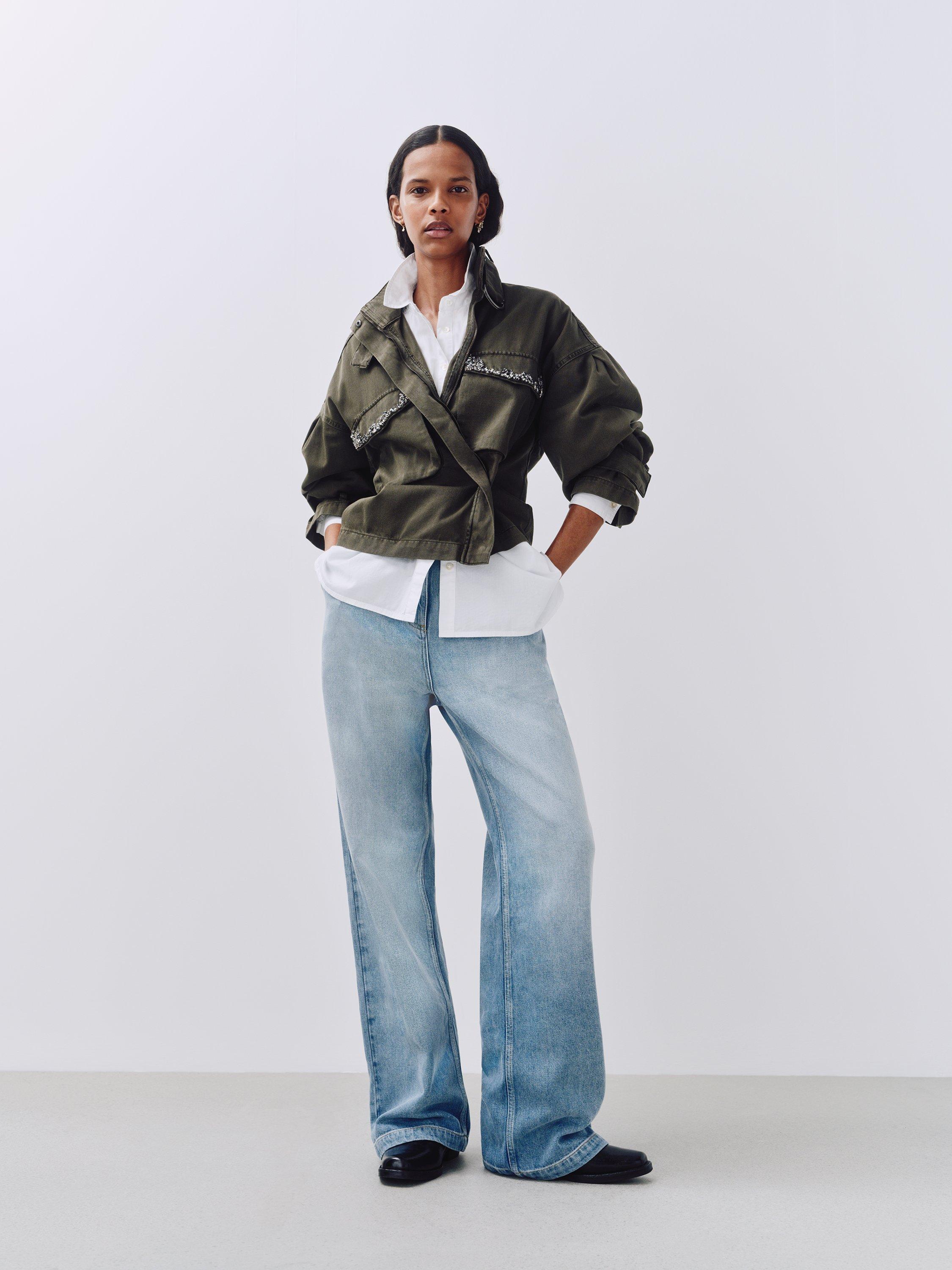 Product image 5 of 9, which shows AND/OR Dallas Cotton Embellished Pockets Shacket, Khaki, 20