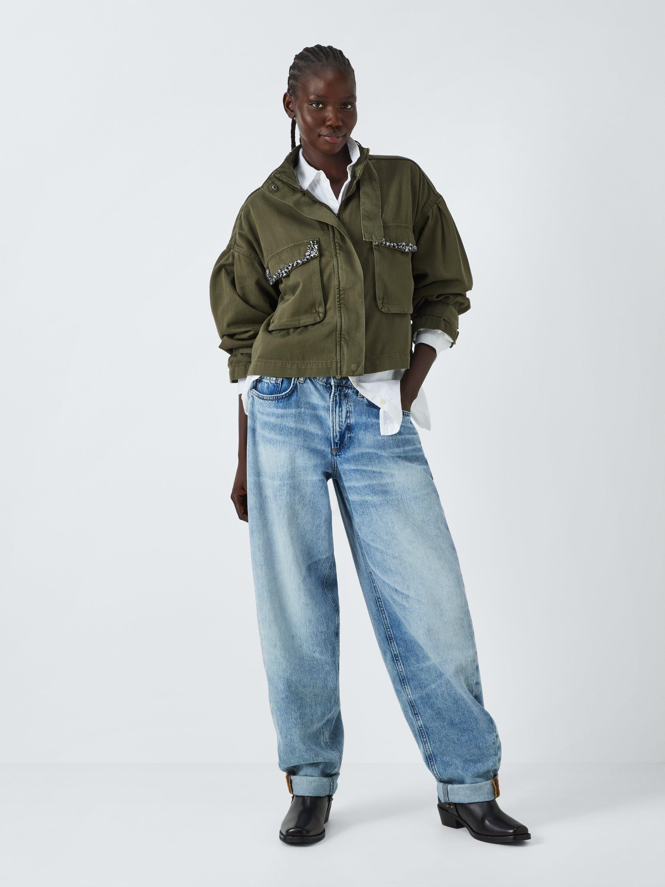 Product image 4 of 9, which shows AND/OR Dallas Cotton Embellished Pockets Shacket, Khaki, 20