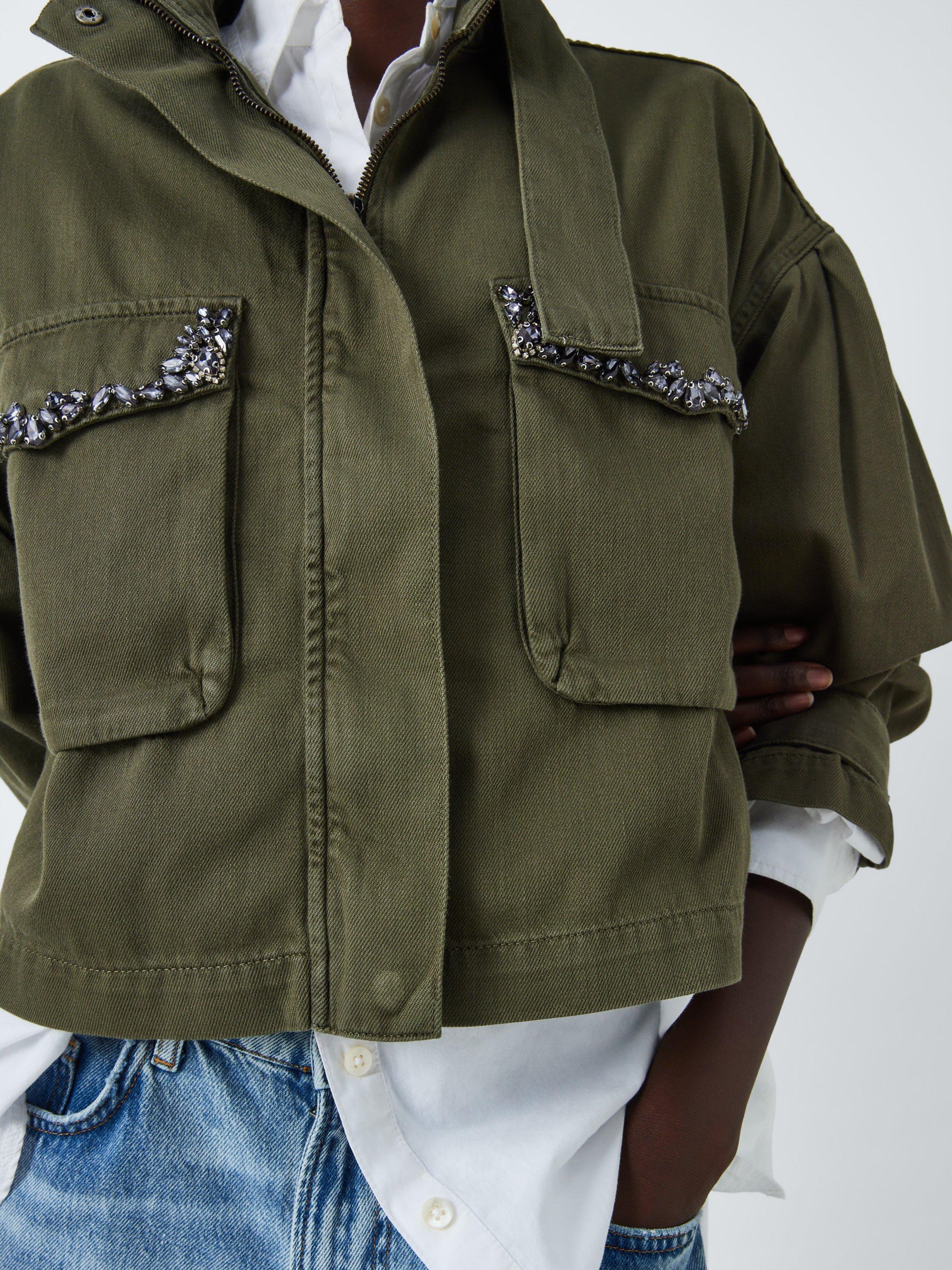 Product image 8 of 9, which shows AND/OR Dallas Cotton Embellished Pockets Shacket, Khaki, 20