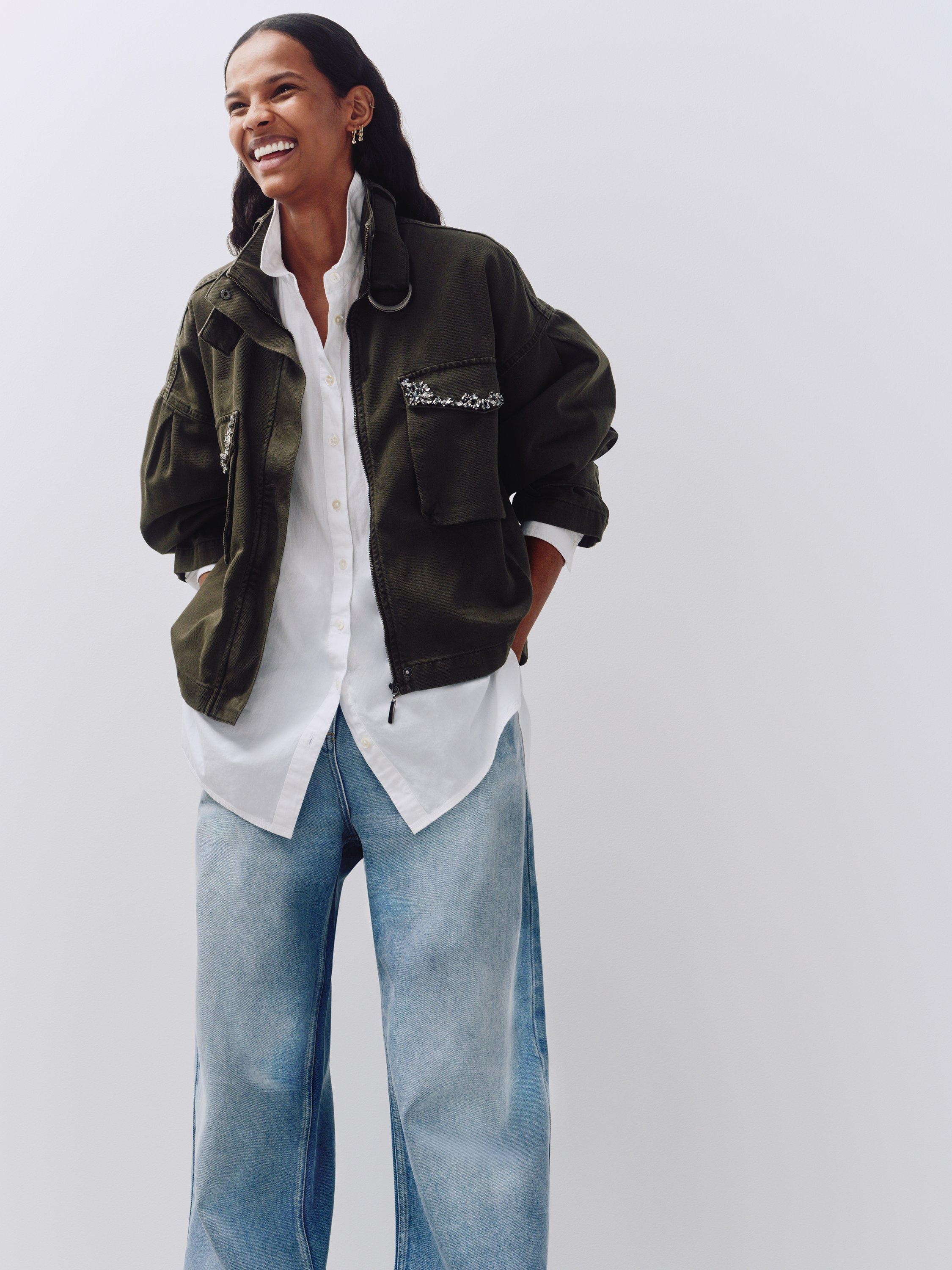 Product image 2 of 9, which shows AND/OR Dallas Cotton Embellished Pockets Shacket, Khaki, 20