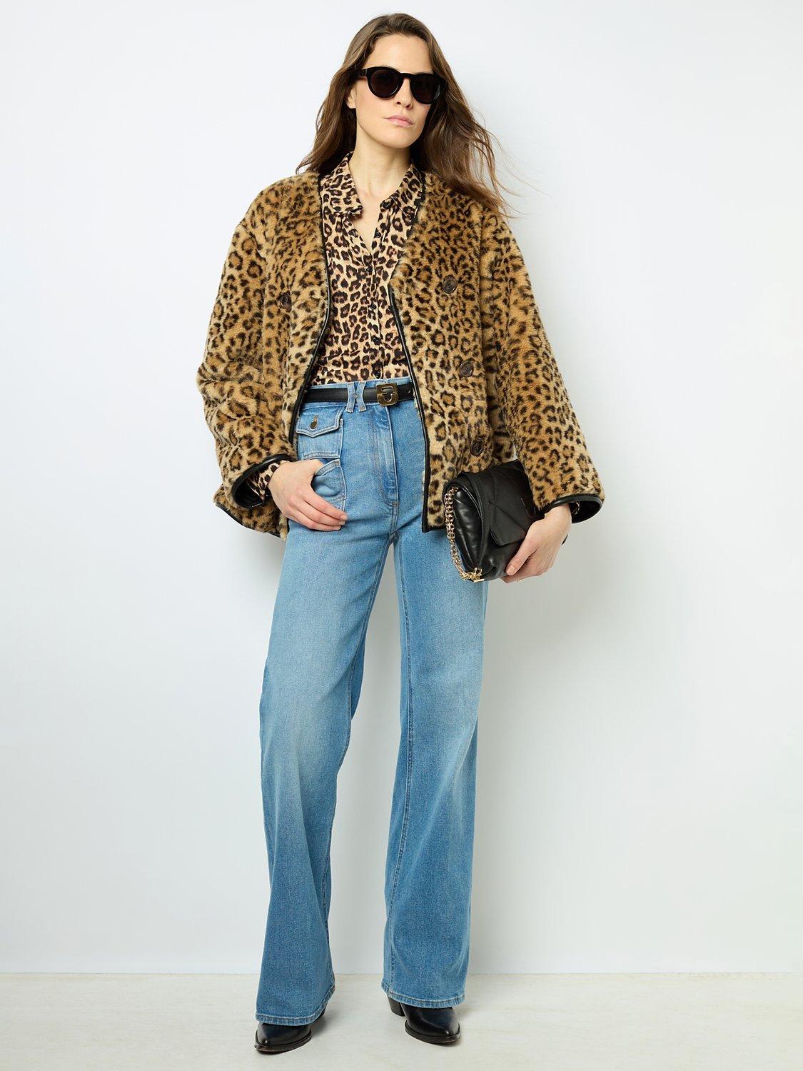 Gerard Darel Laissa Leopard Print Faux Fur Jacket, Straw