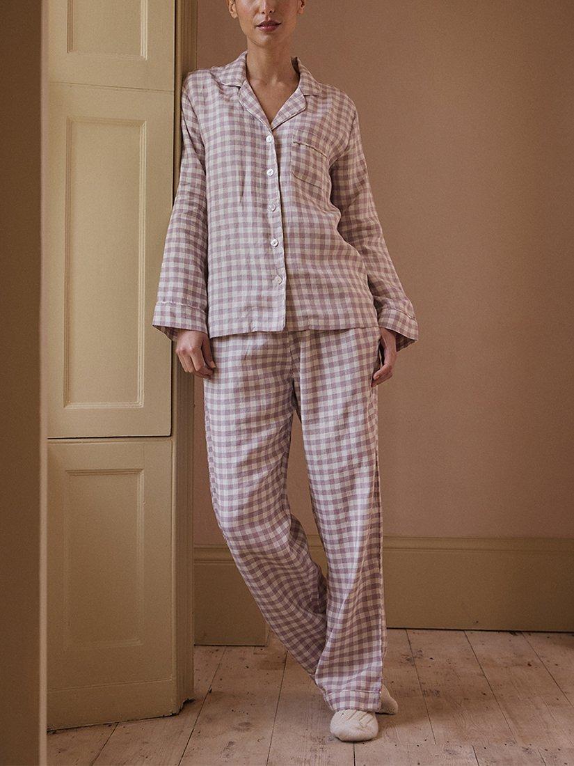 Product image 1 of 4, which shows Piglet in Bed Linen Gingham Pyjama Trousers, Elderberry, XL