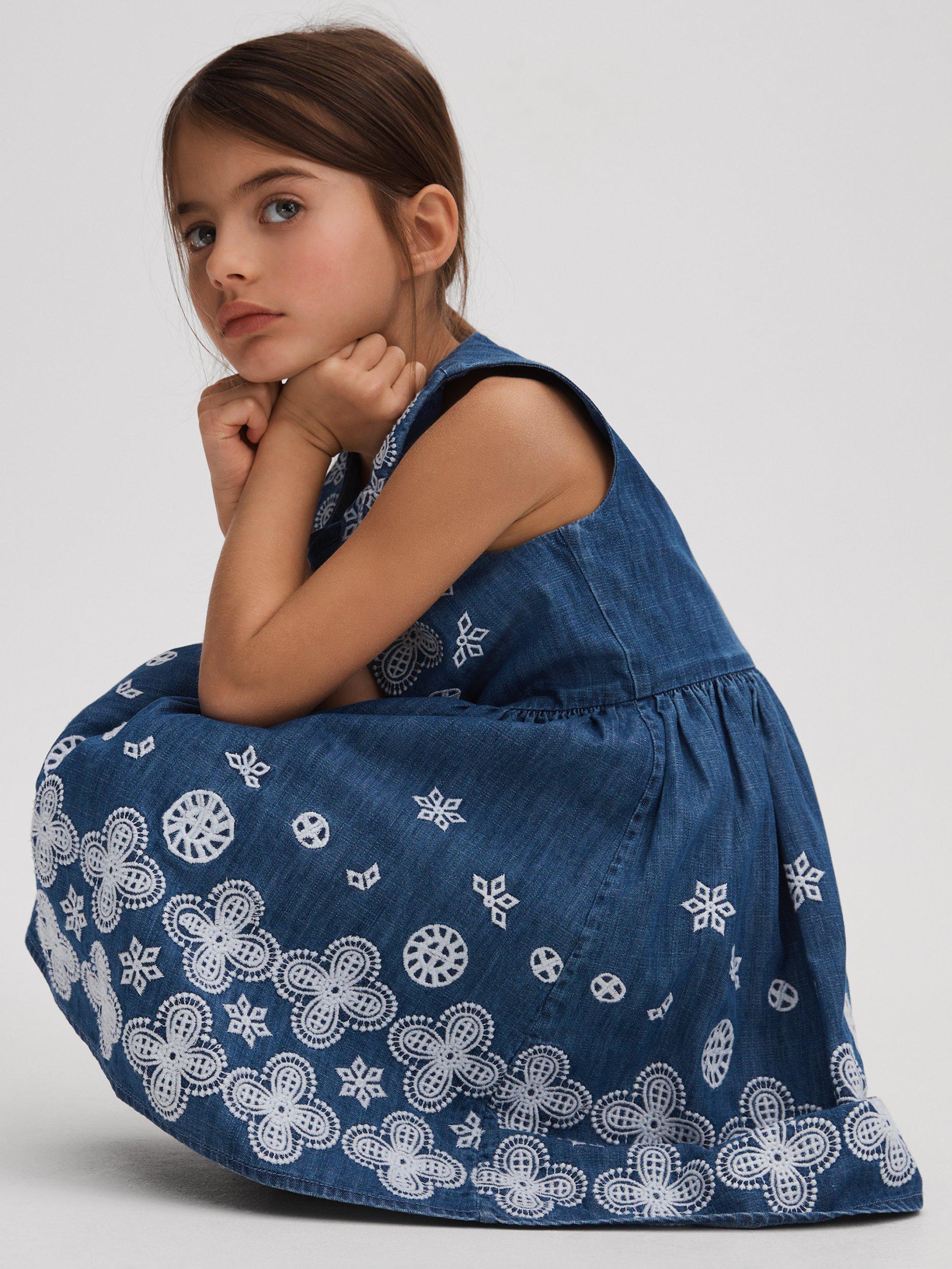 Reiss Kids' Penny Broderie Dress, Denim