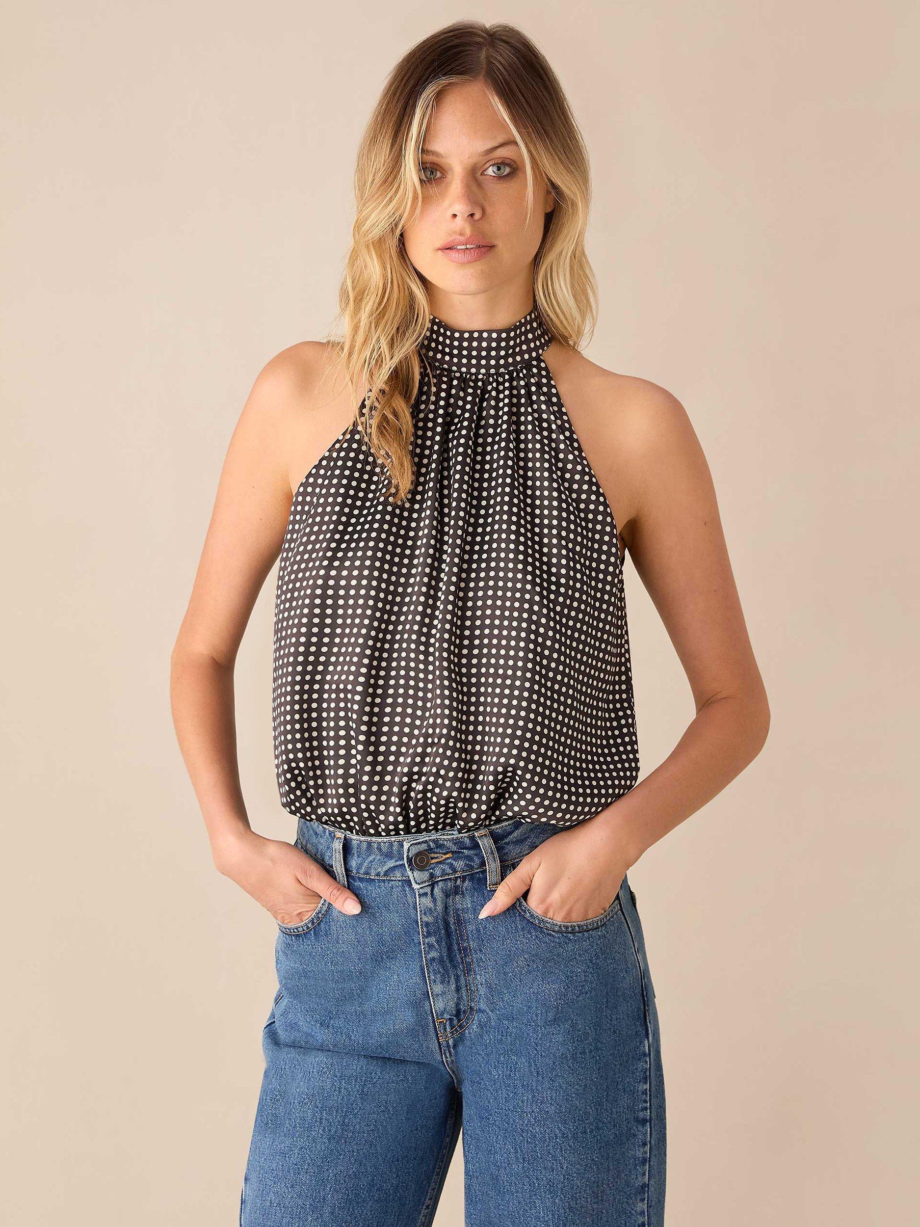 Ro&Zo Mono Polka Dot Print Satin Bodysuit, Black/White