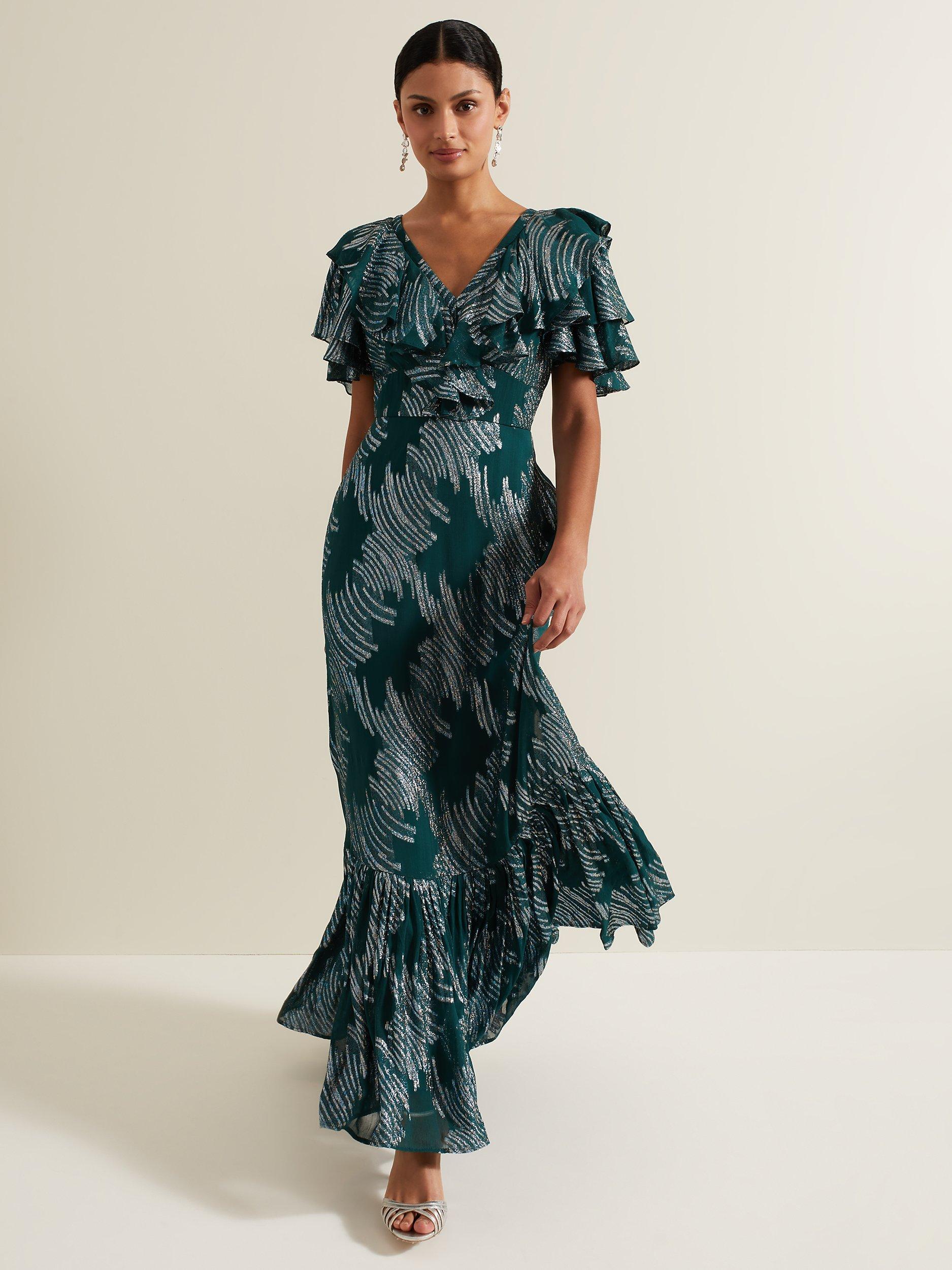 Product image 1 of 9, which shows Phase Eight Marzia Metallic Maxi Dress, Teal, 10