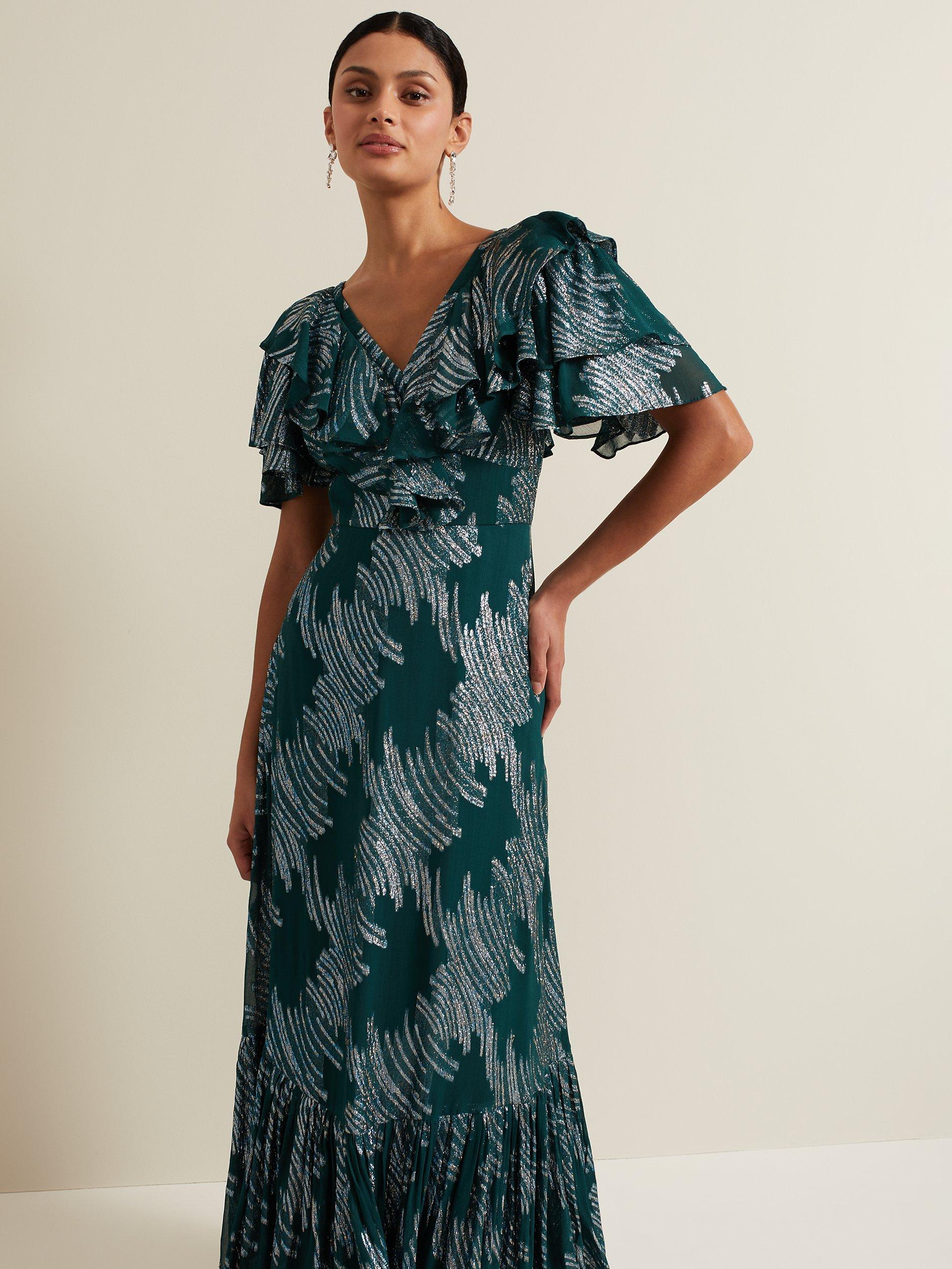 Product image 3 of 9, which shows Phase Eight Marzia Metallic Maxi Dress, Teal, 10