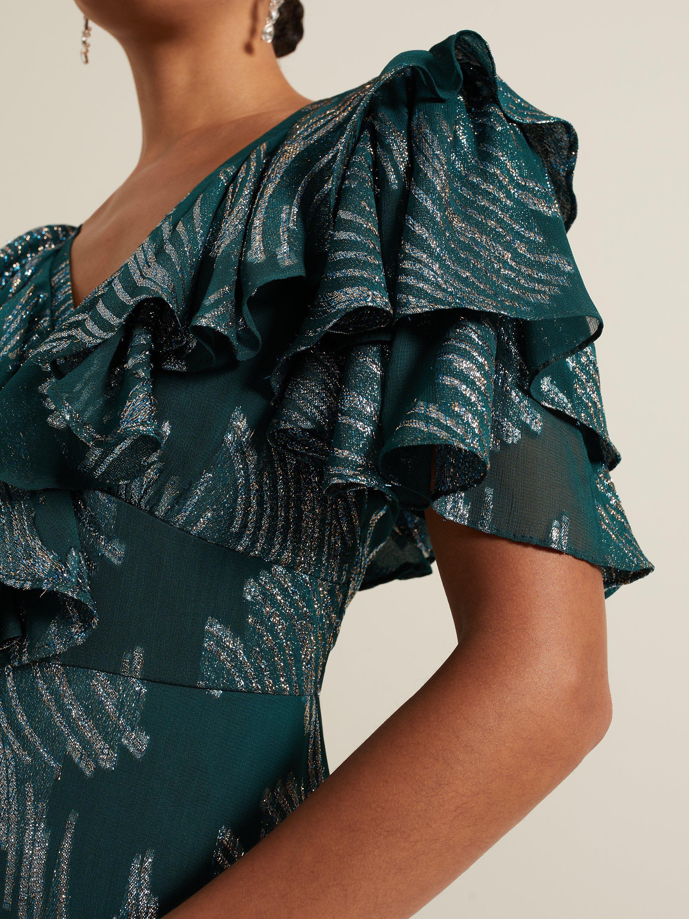 Product image 4 of 9, which shows Phase Eight Marzia Metallic Maxi Dress, Teal, 10