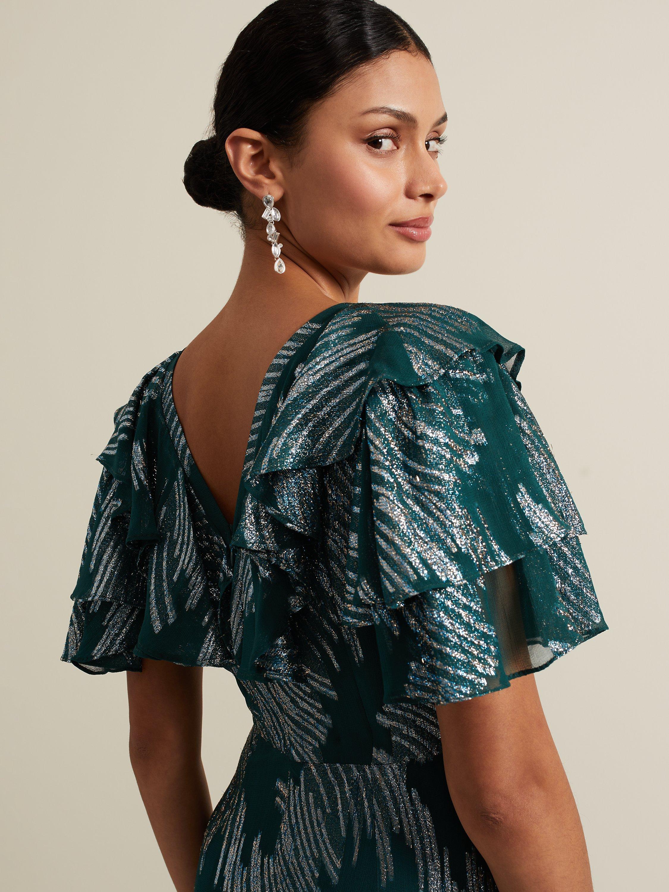 Product image 7 of 9, which shows Phase Eight Marzia Metallic Maxi Dress, Teal, 10