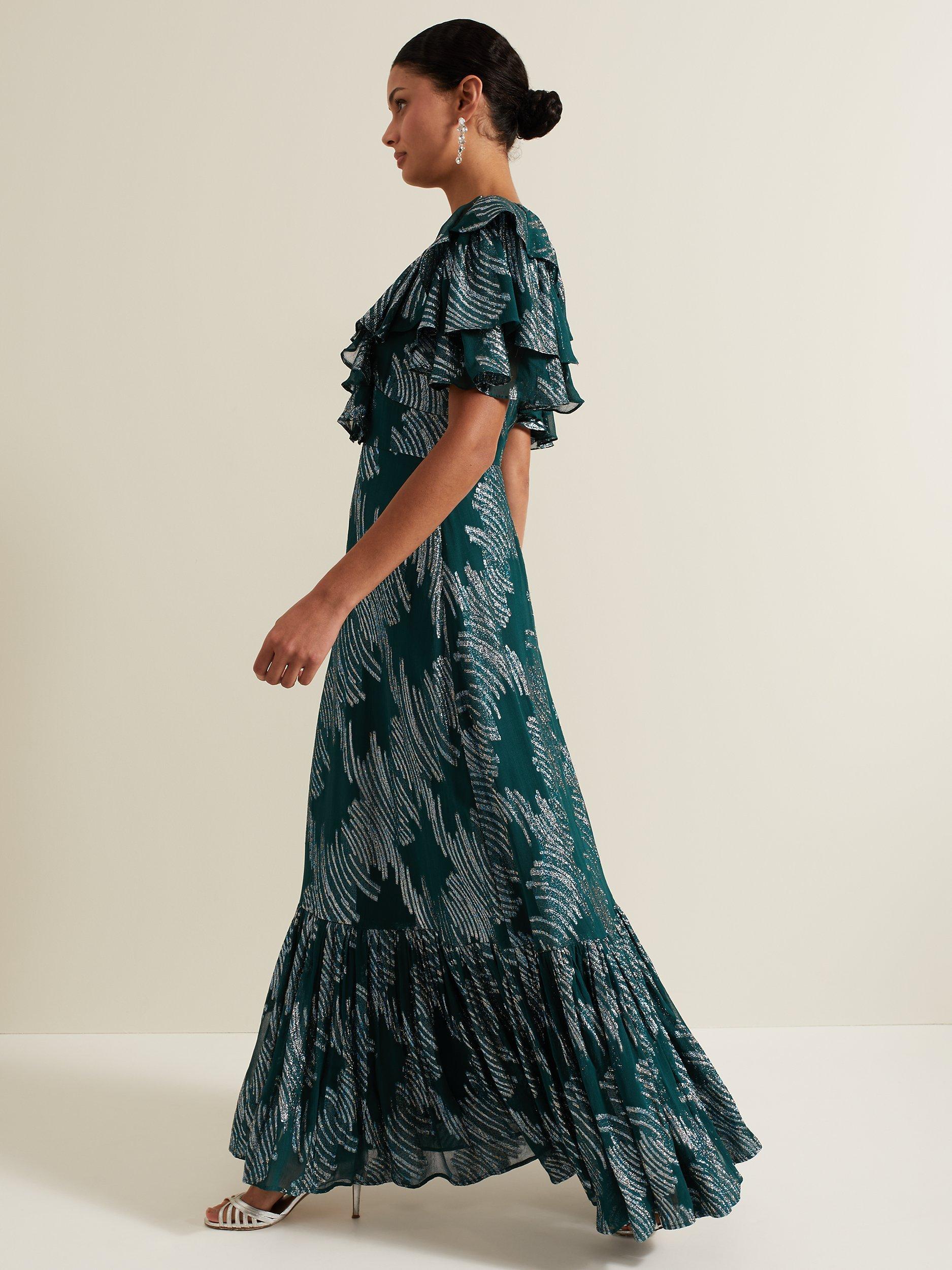 Product image 9 of 9, which shows Phase Eight Marzia Metallic Maxi Dress, Teal, 10
