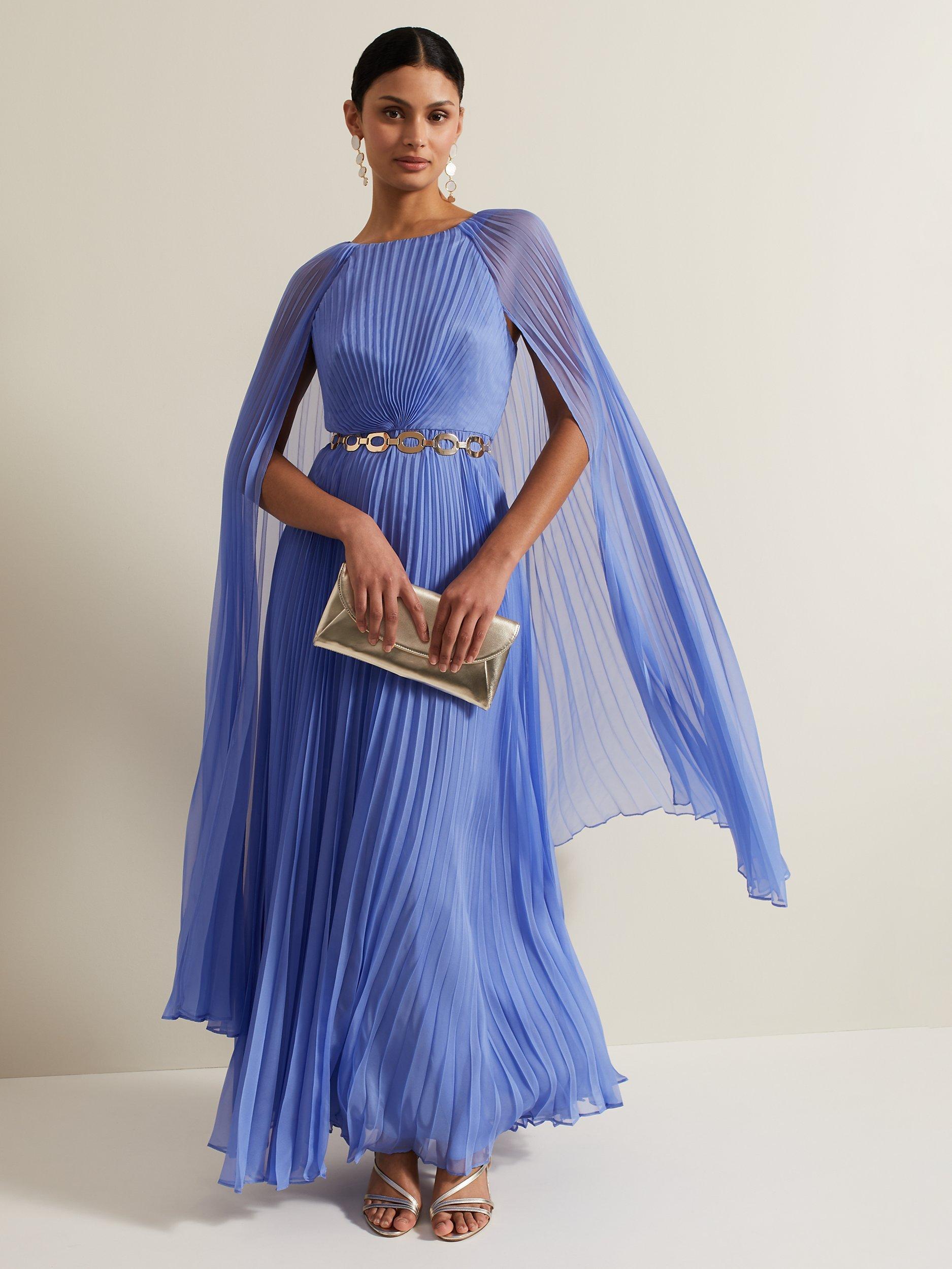 Phase Eight Marren Cape Sleeve Pleated Maxi Dress Blue