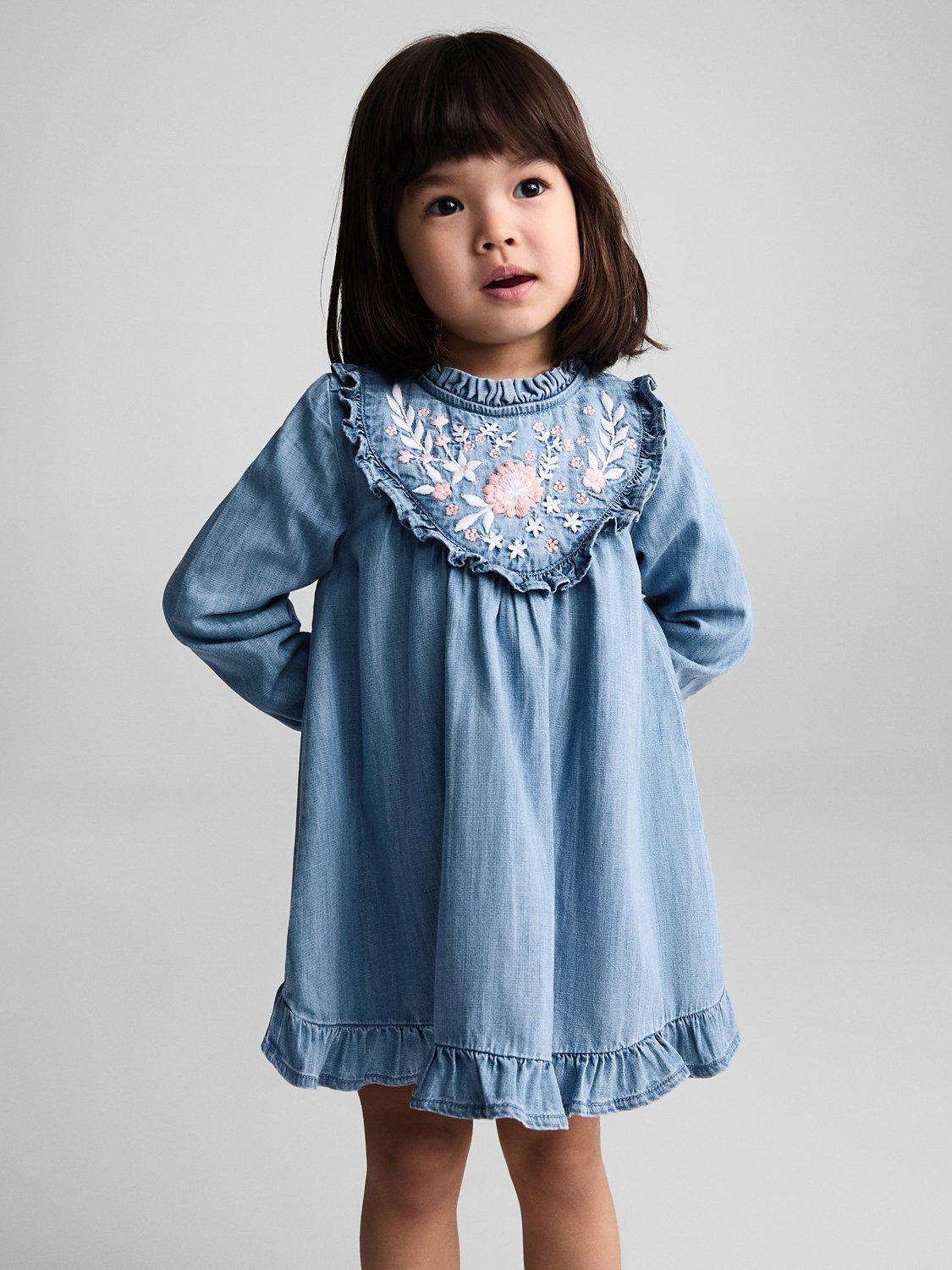 Mango Kids' Denver Floral Embroidered Ruffle Hem Dress, Open Blue
