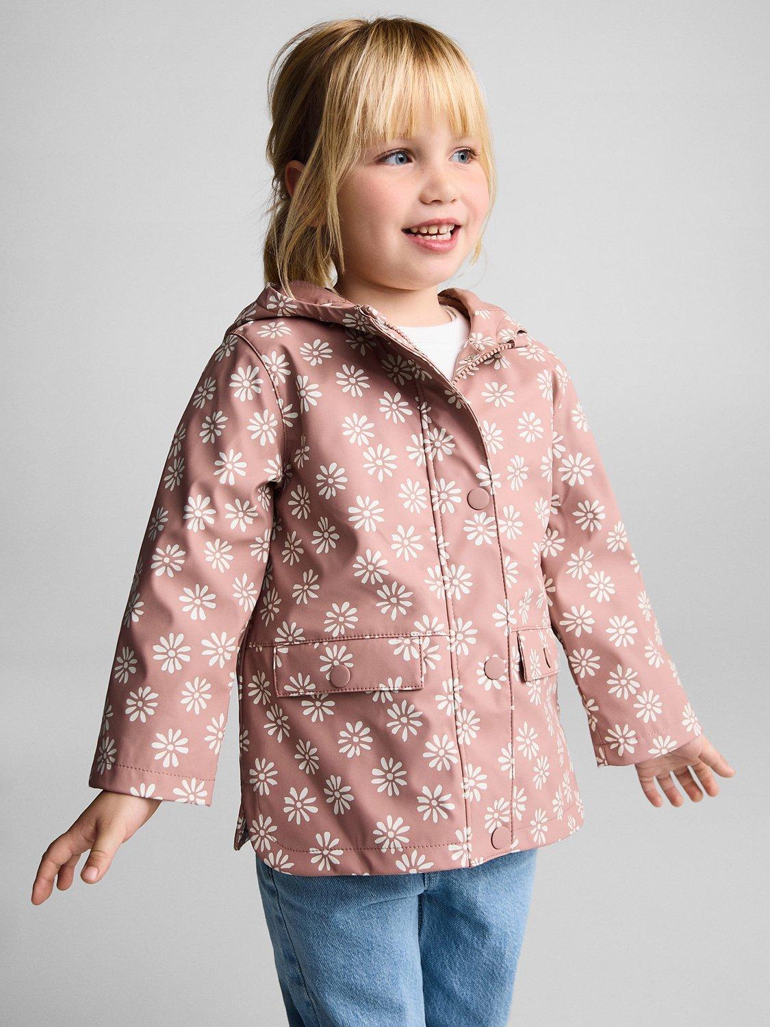 Mango Kids' Betty Floral Print Water Repellent Hooded Jacket, Pink