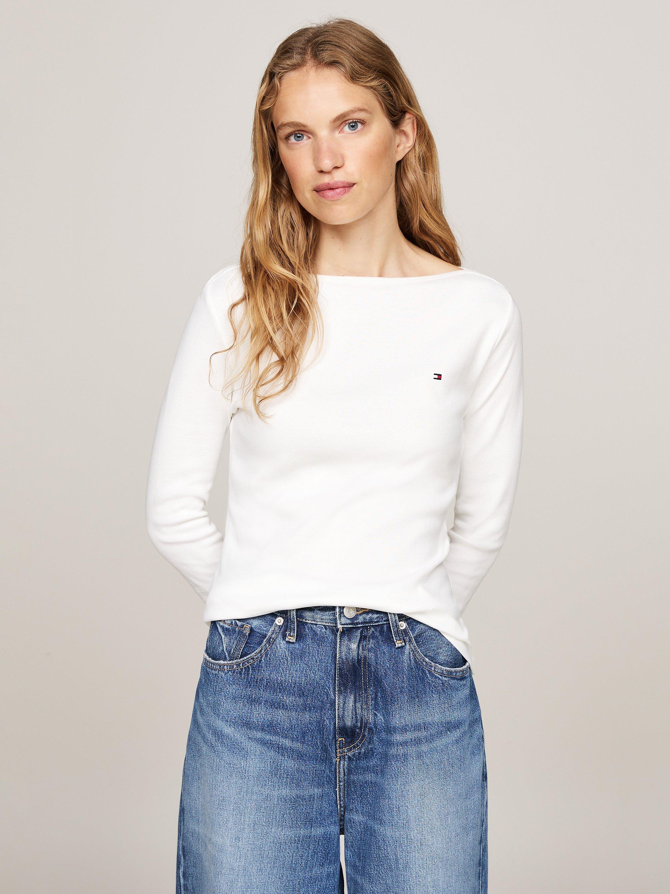 Product image 1 of 6, which shows Tommy Hilfiger Cody Slim Fit Boat Neck Top, Ecru, XS