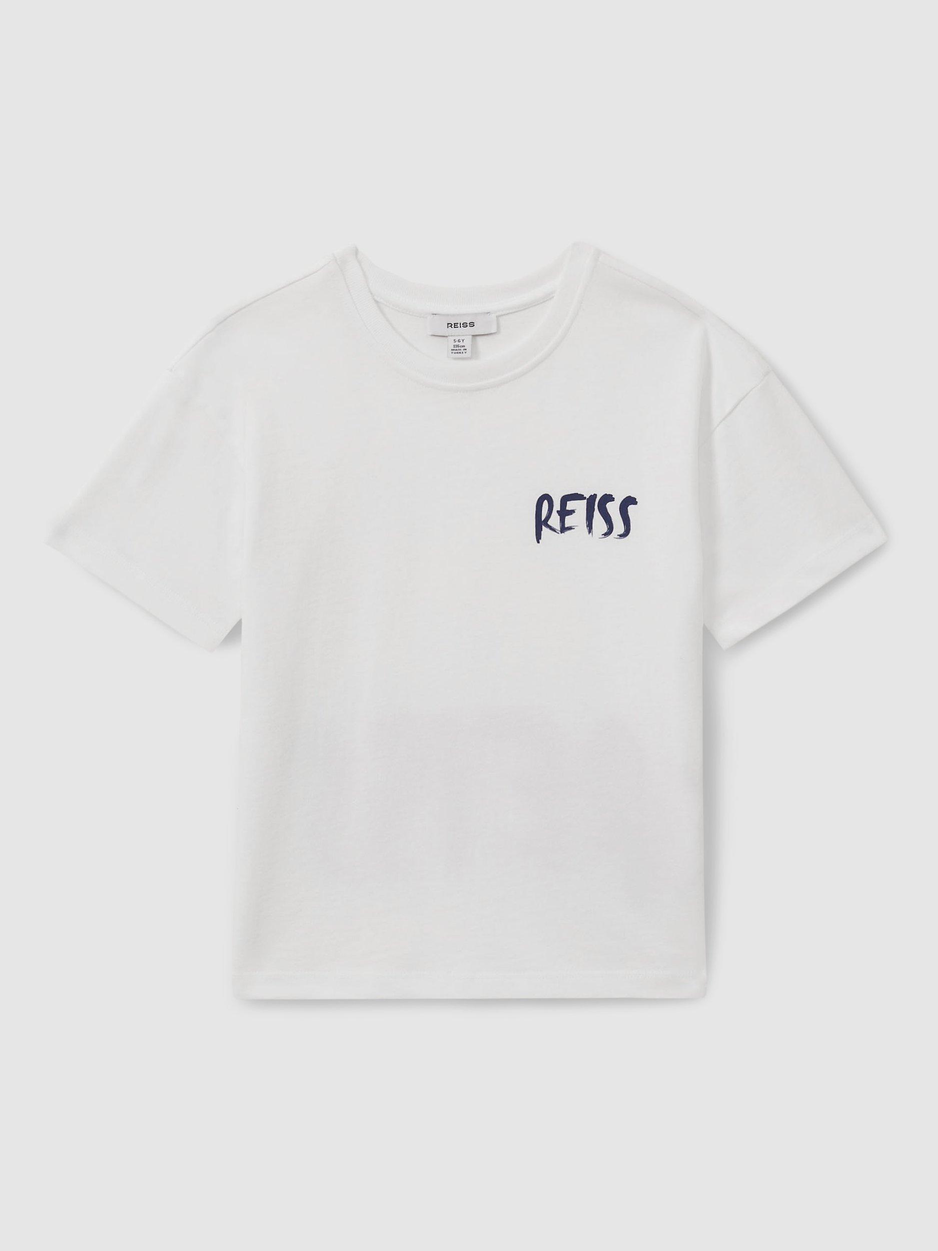 Product image 1 of 4, which shows Reiss Kids' Abbott Paintstroke Logo T-Shirt, Optic White, 13-14 years