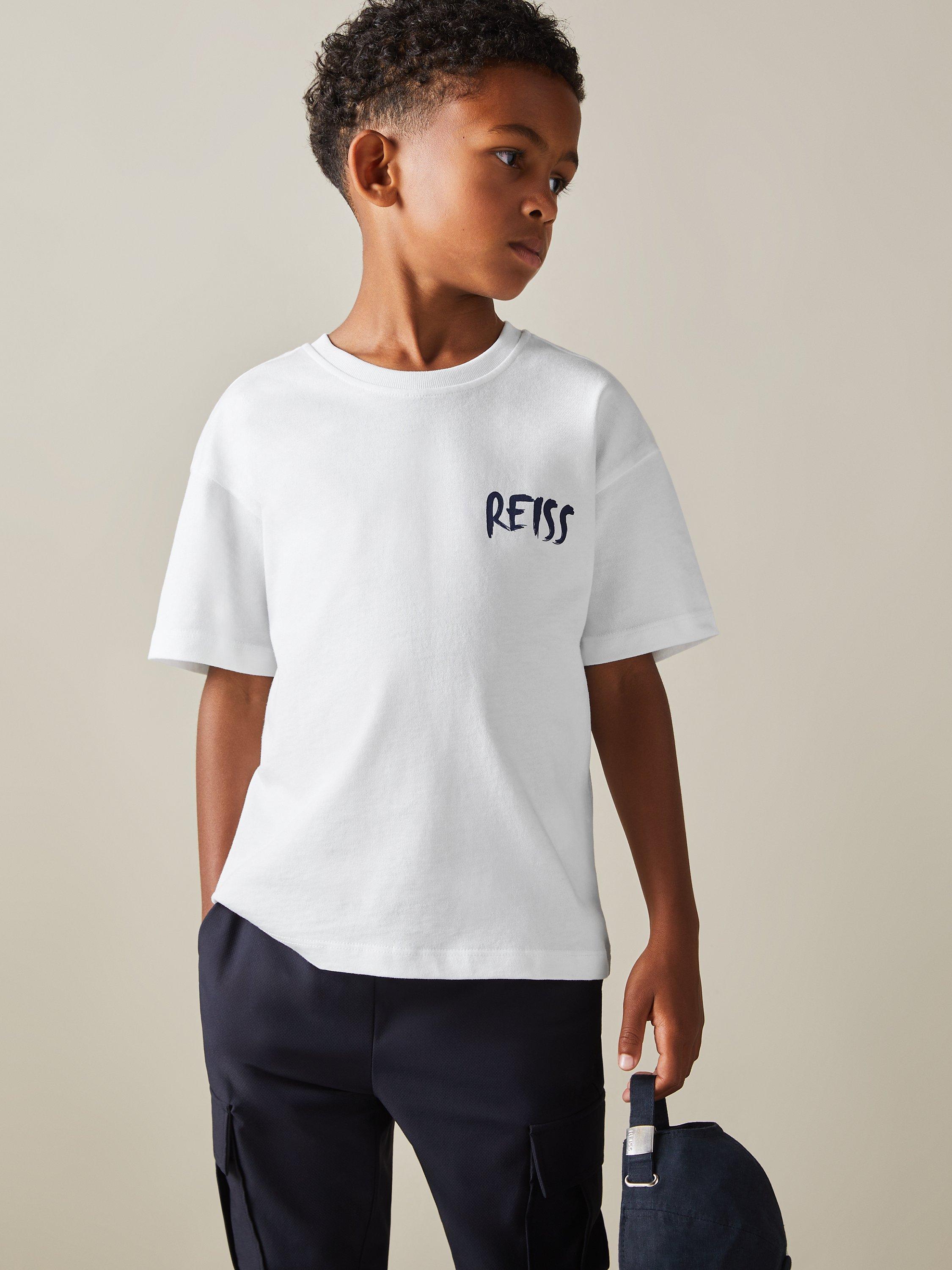 Product image 3 of 4, which shows Reiss Kids' Abbott Paintstroke Logo T-Shirt, Optic White, 13-14 years