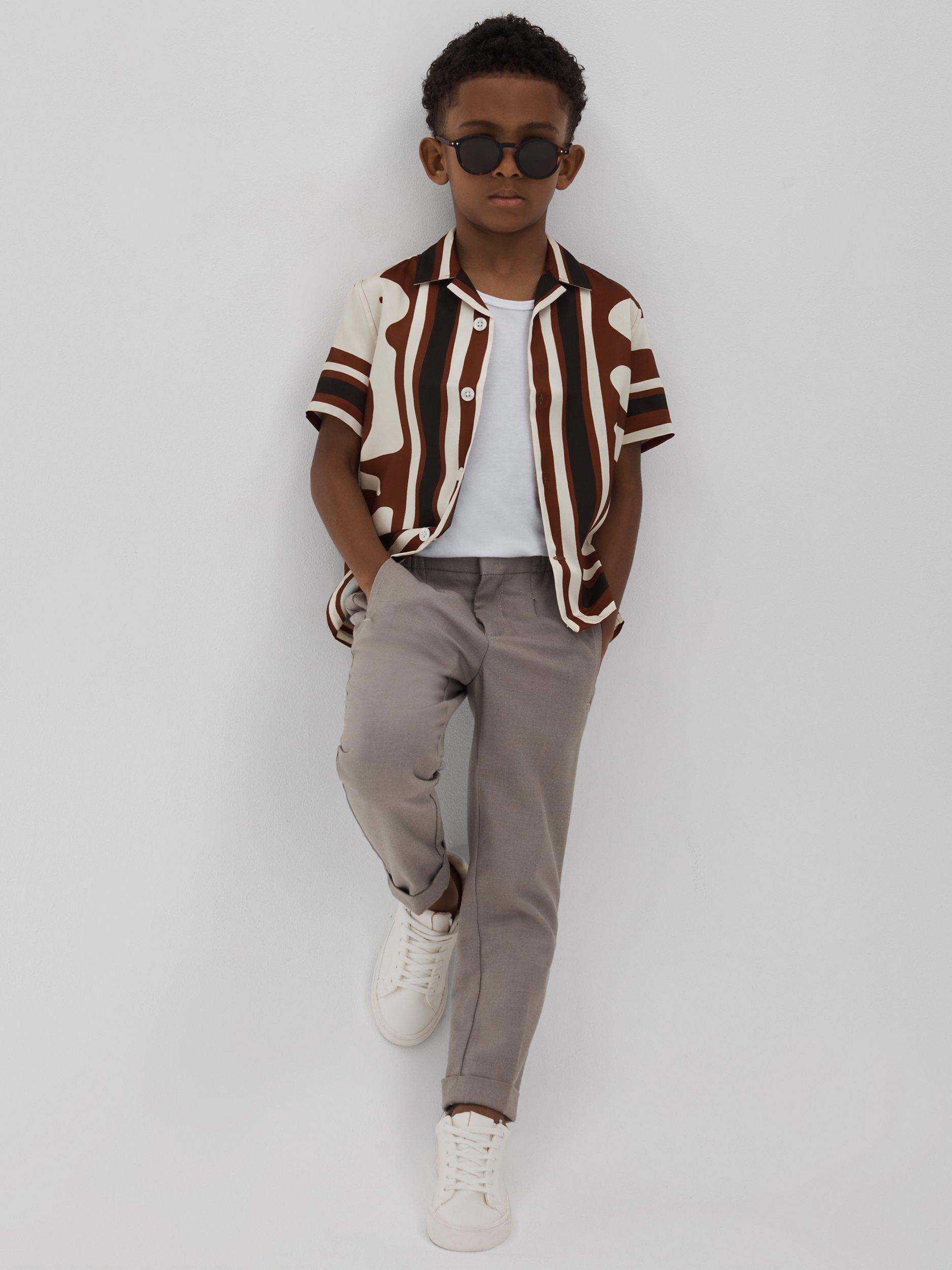 Reiss Kids' Tom Abstract Print Cuban Collar Short Sleeve Shirt, Tobacco