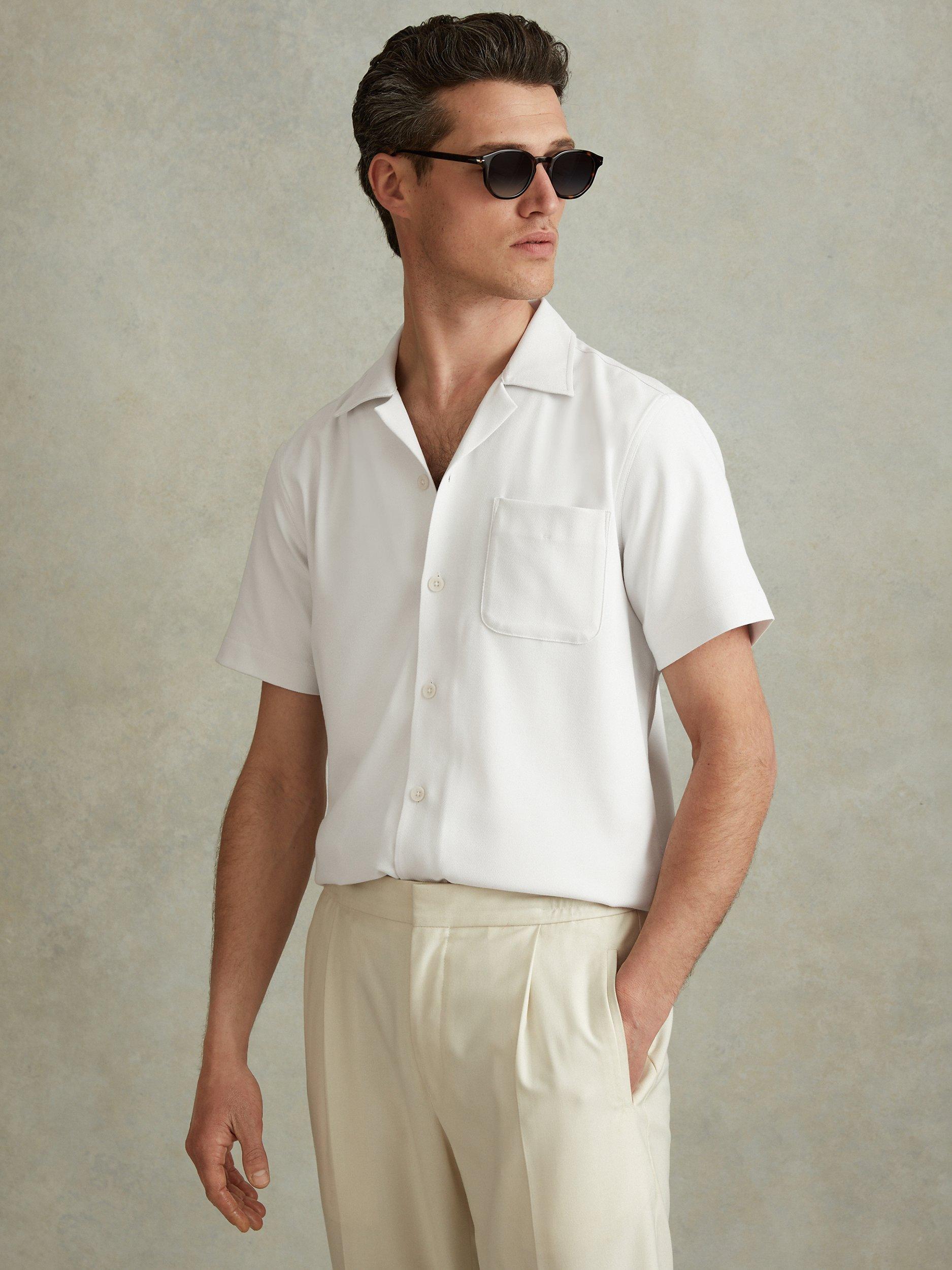 Reiss Nitus Herringbone Cuban Collar Shirt, White