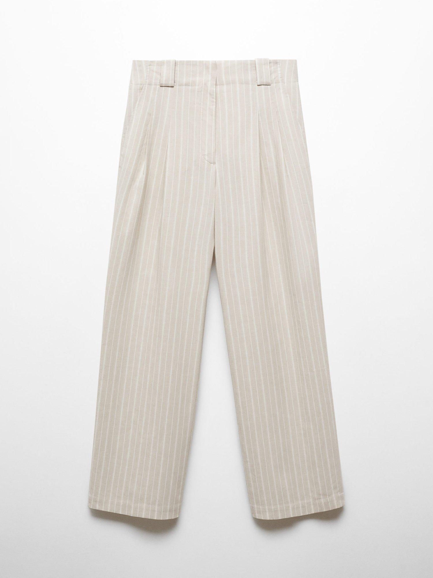 Mango Eva Pinstripe Linen Blend Trousers, Beige/White, 10