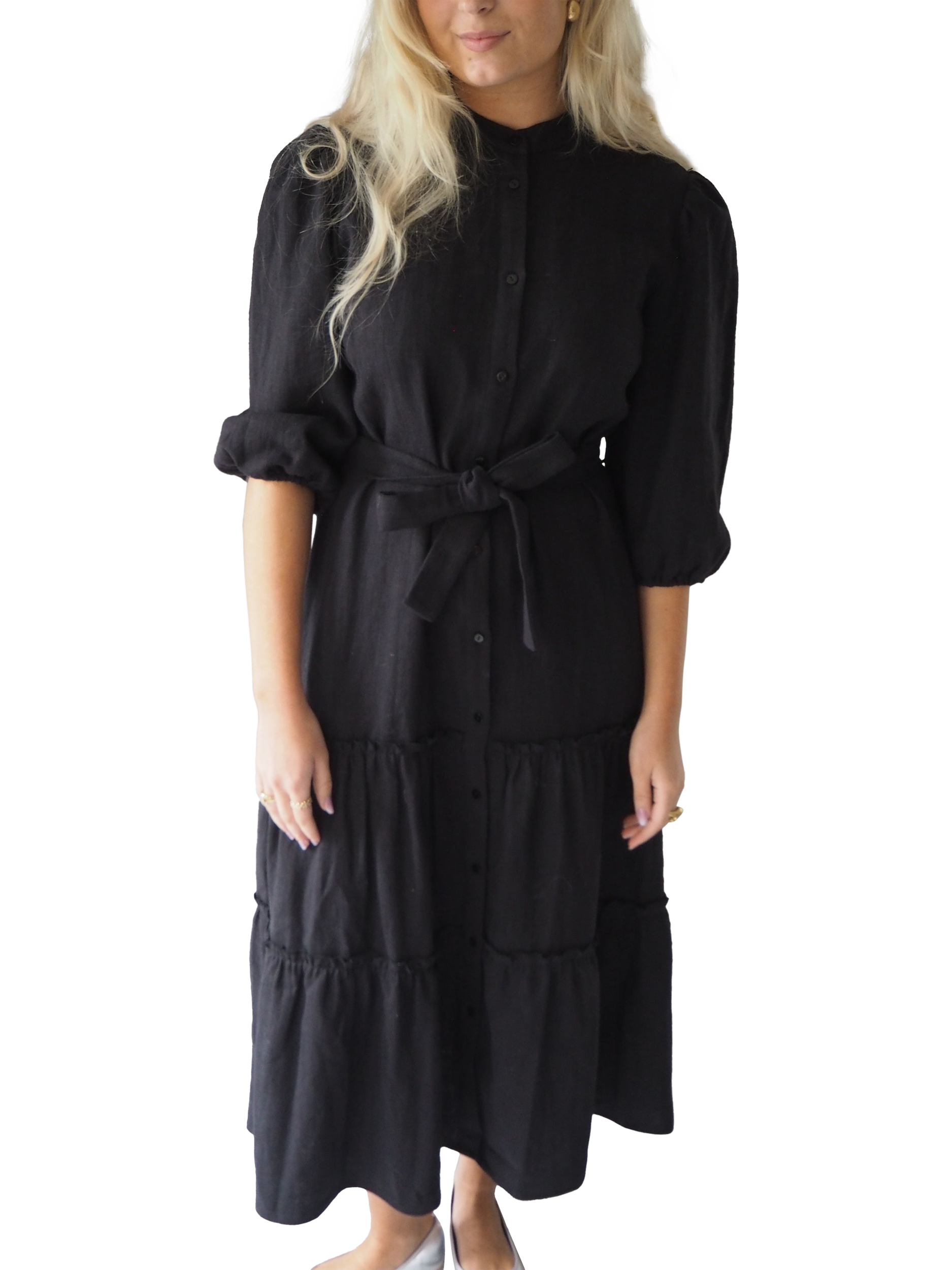 A-VIEW Tiered Linen Blend Dress, Black, 8