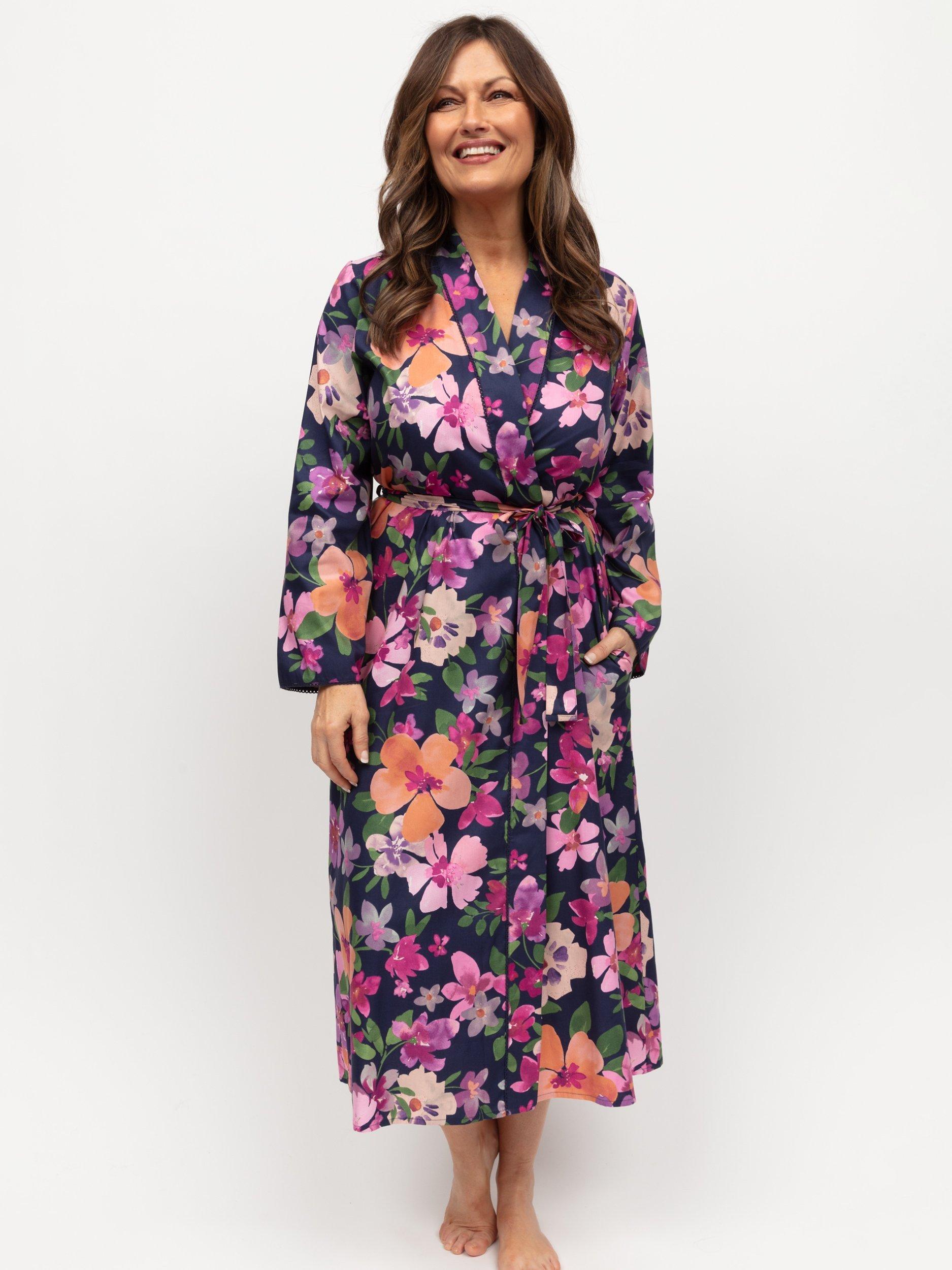 Product image 2 of 4, which shows Cyberjammies Joanna Floral Print Long Dressing Gown, Navy/Multi, 8