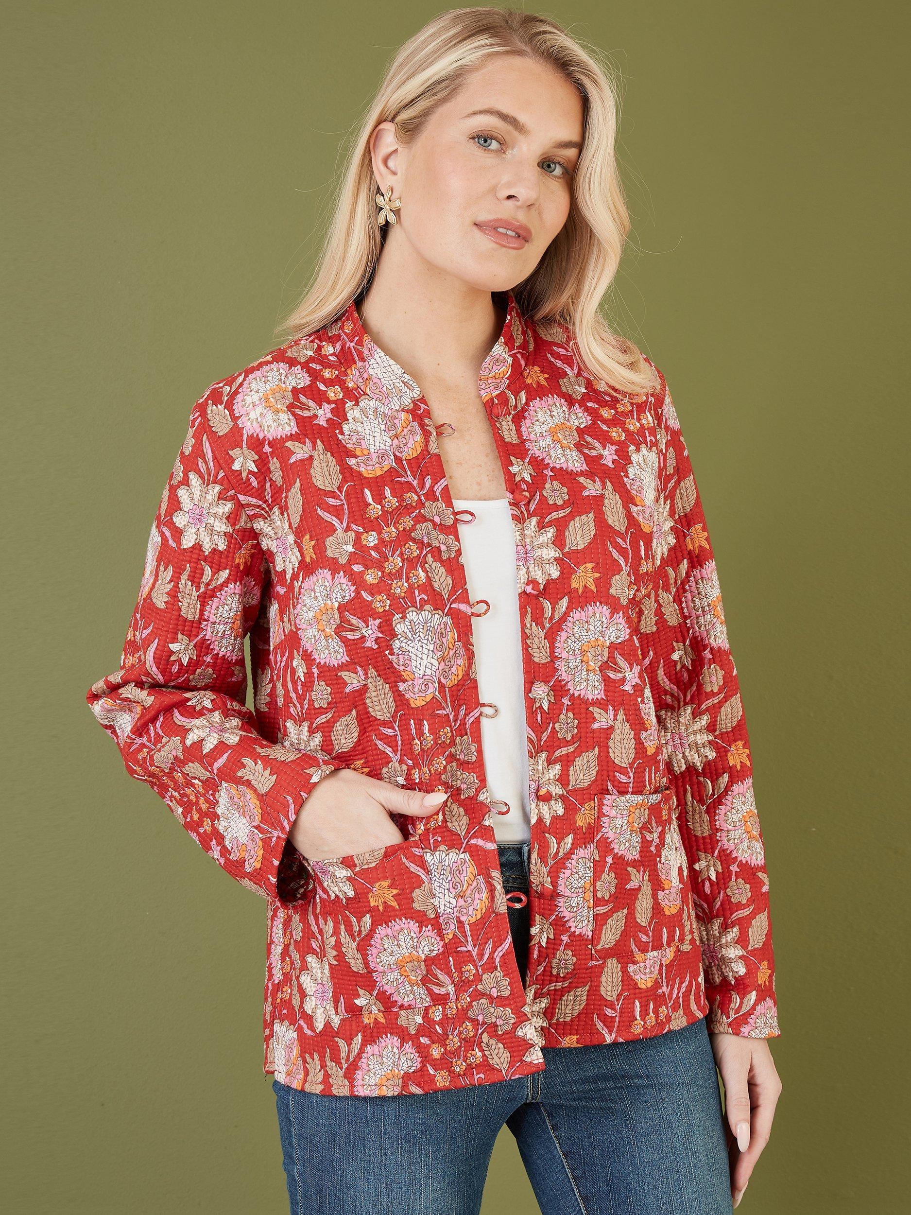 Yumi Quilted Floral Reversible Jacket Red Multi