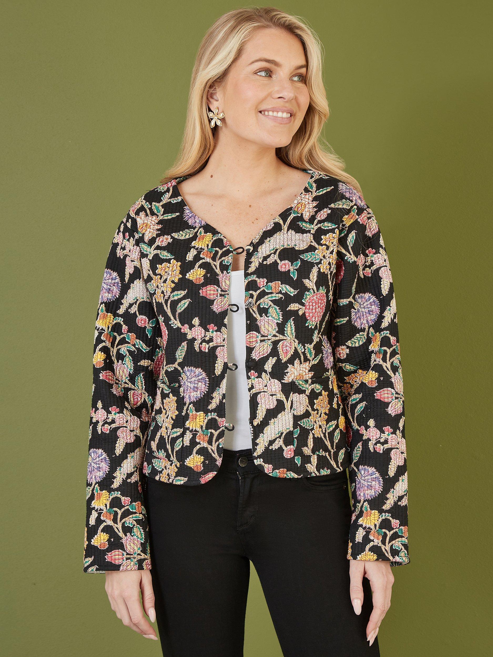 Product image 1 of 6, which shows Yumi Floral Print Reversible Cropped Quilted Jacket, Black/Multi, 8