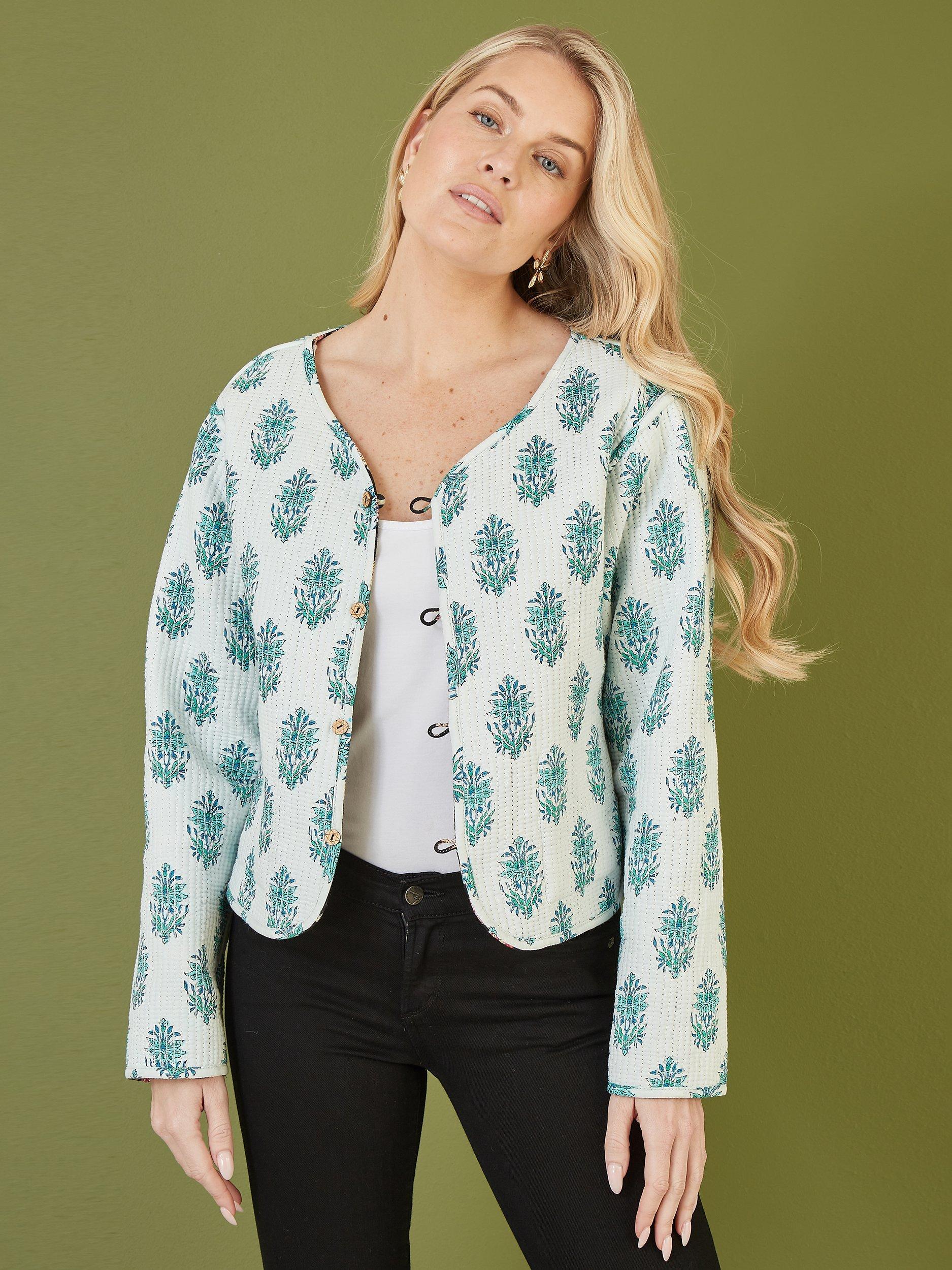 Product image 3 of 6, which shows Yumi Floral Print Reversible Cropped Quilted Jacket, Black/Multi, 8