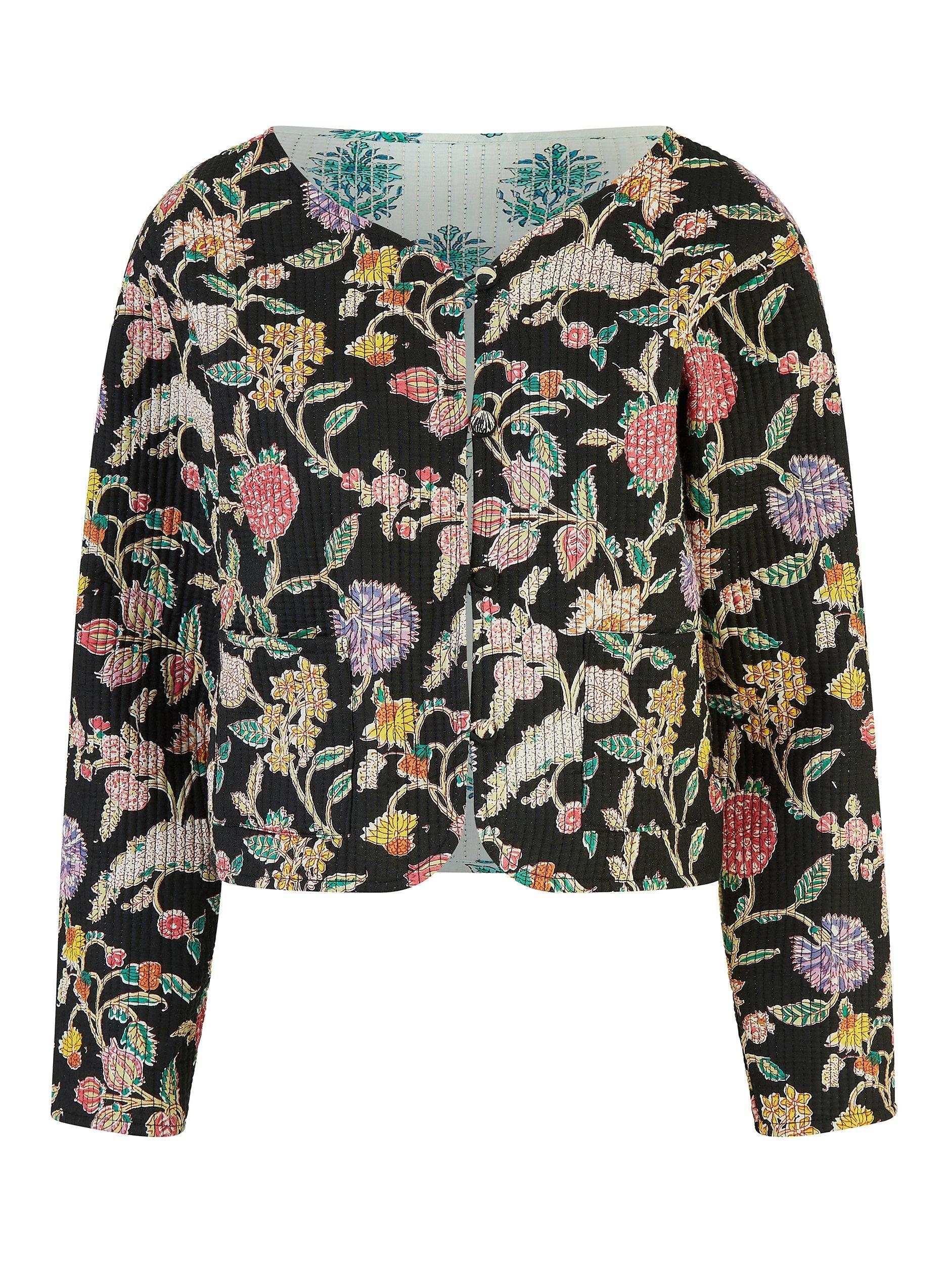 Product image 5 of 6, which shows Yumi Floral Print Reversible Cropped Quilted Jacket, Black/Multi, 8