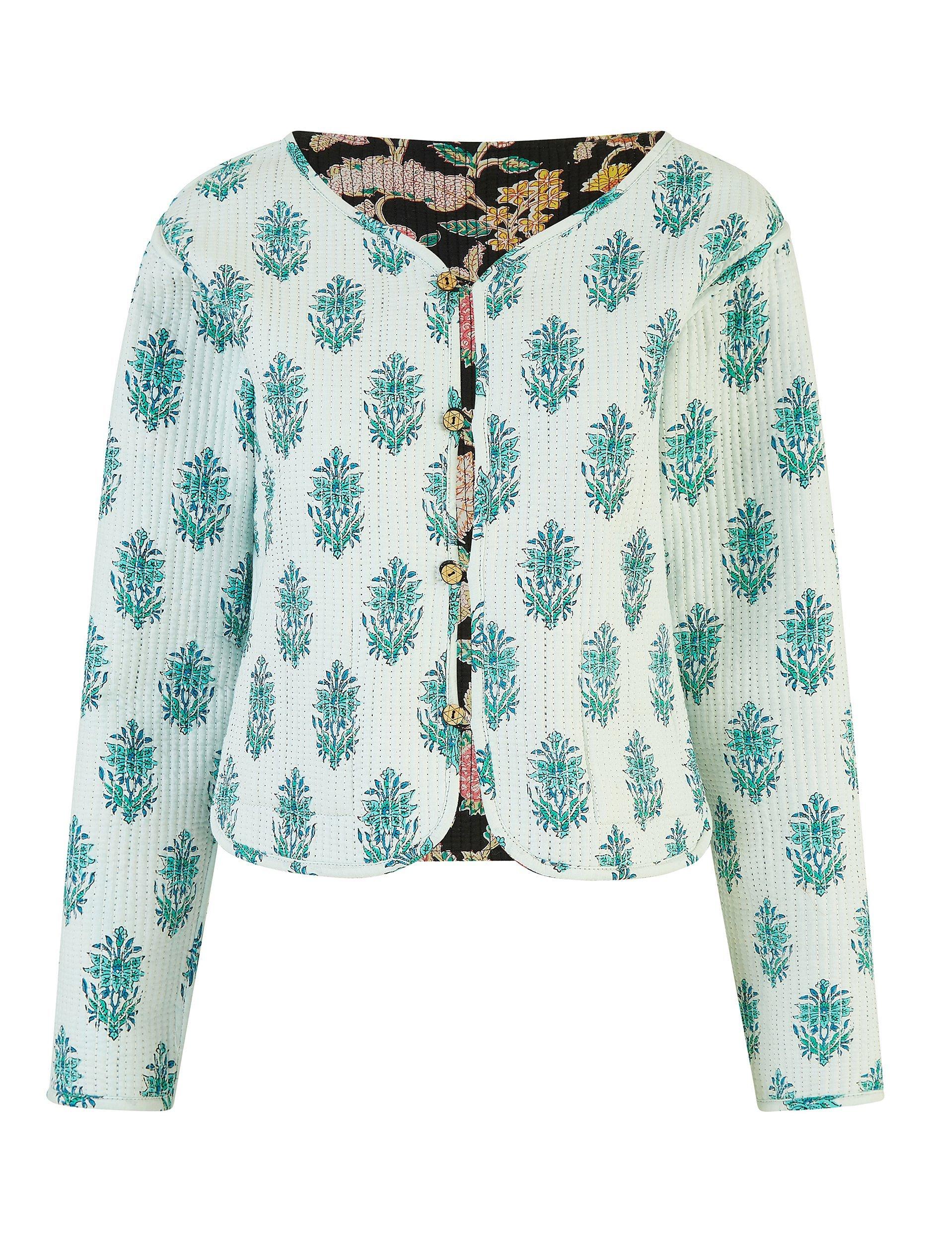 Product image 6 of 6, which shows Yumi Floral Print Reversible Cropped Quilted Jacket, Black/Multi, 8