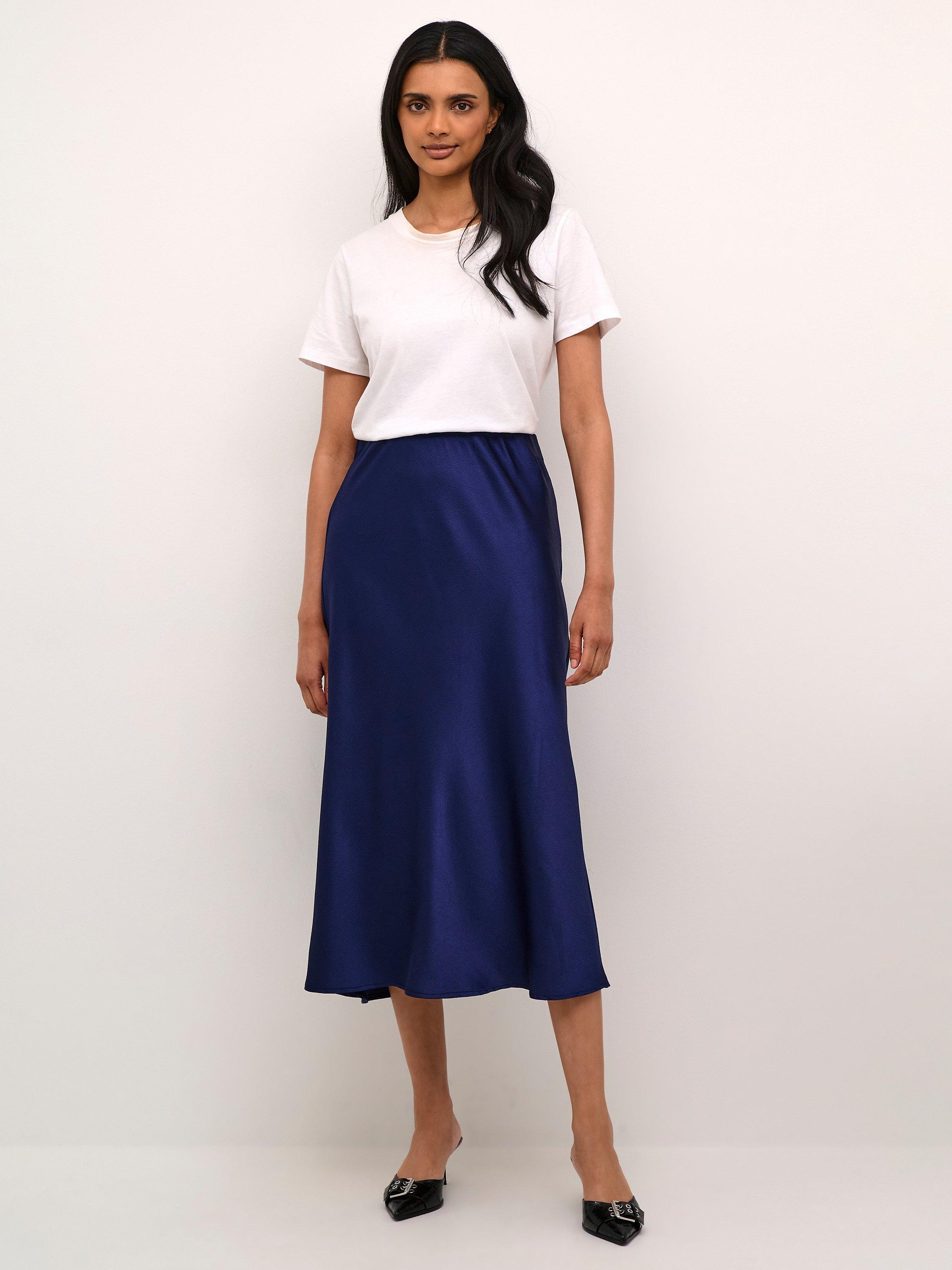 Product image 3 of 6, which shows KAFFE Lotte Satin Midi Skirt, Marine, 16