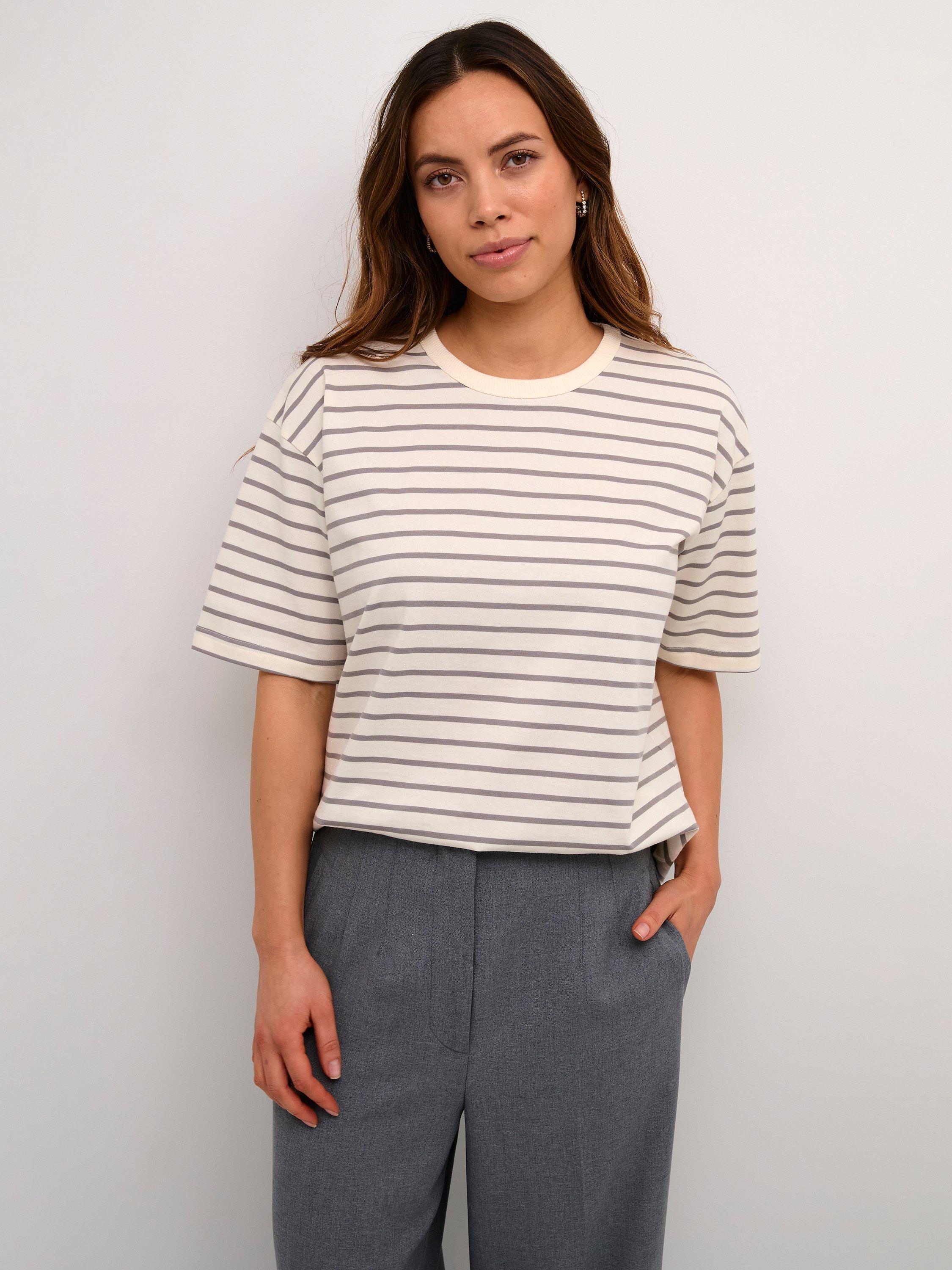 KAFFE Winny Stripe T-Shirt, White/Grey, XS