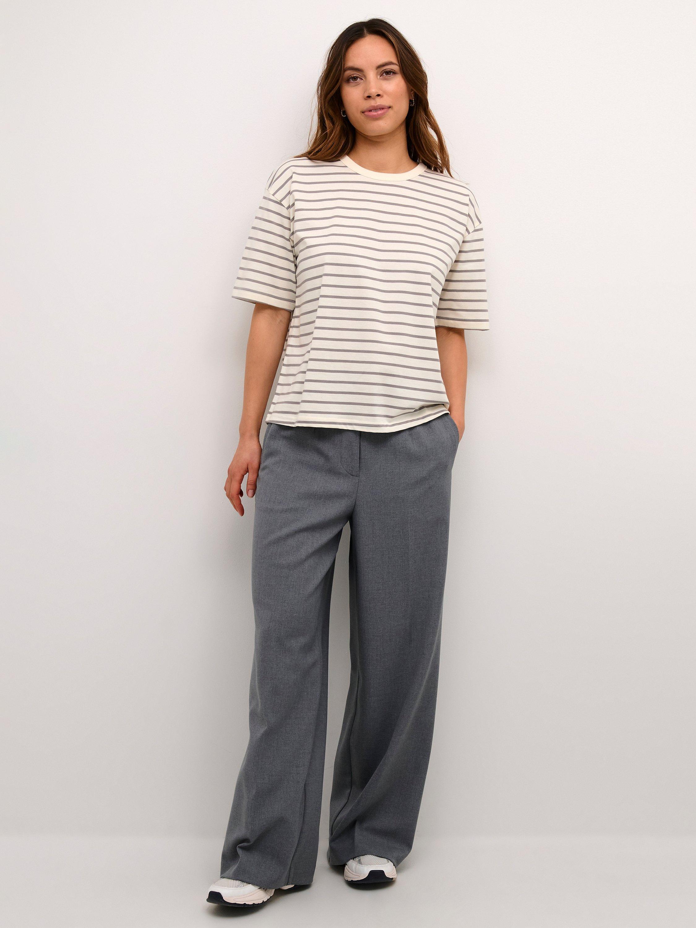 KAFFE Winny Stripe T-Shirt, White/Grey, XS