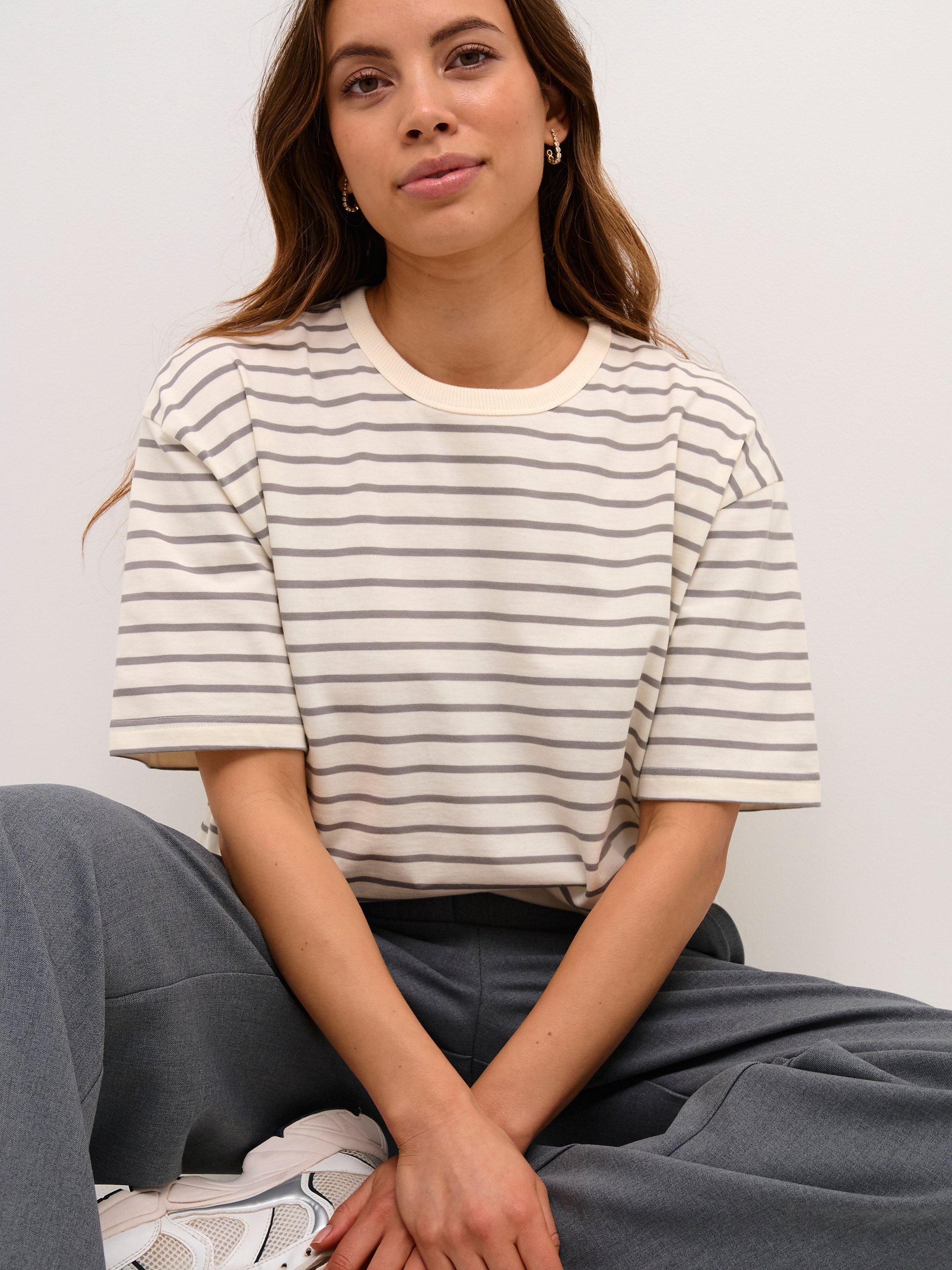 KAFFE Winny Stripe T-Shirt, White/Grey, XS