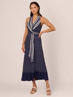 Adrianna Papell Dot Stripe Halterneck Dress, Navy/Ivory, Navy/Ivory