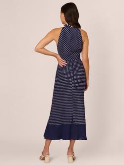 Adrianna Papell Dot Stripe Halterneck Dress, Navy/Ivory - view 2, Navy/Ivory