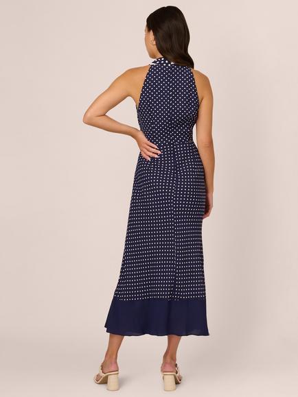Adrianna Papell Dot Stripe Halterneck Dress, Navy/Ivory - view 2, Navy/Ivory