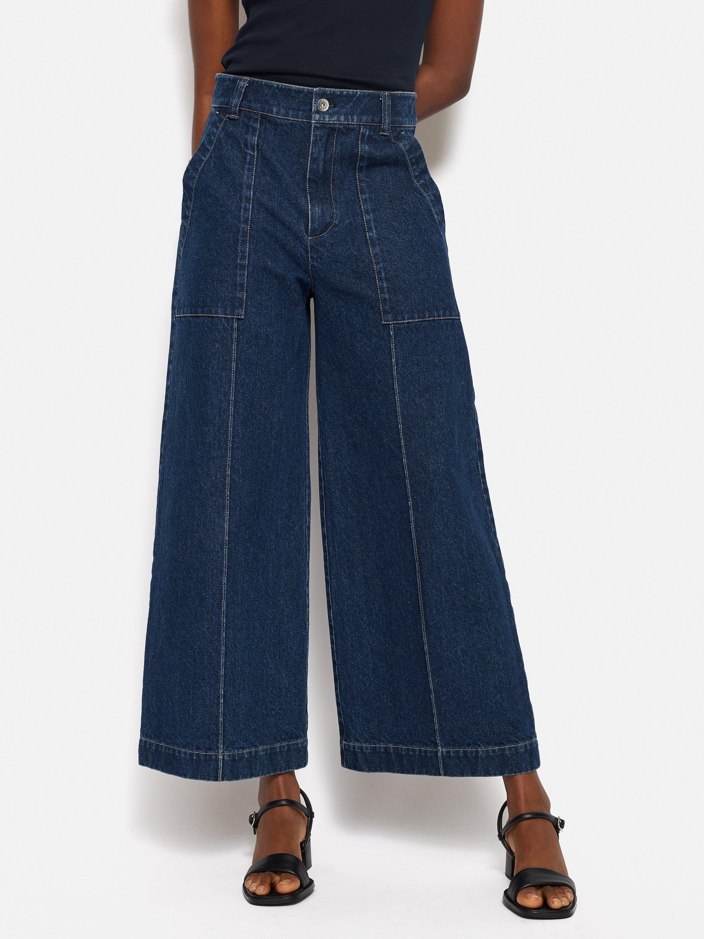 Product image 1 of 6, which shows Jigsaw Denim Wide Leg Sailor Trousers, Indigo, 18