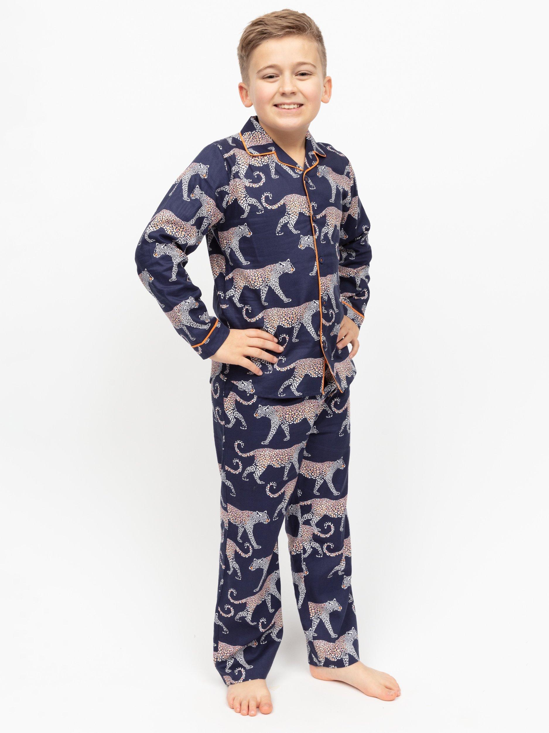 Product image 2 of 4, which shows Minijammies Kid's Taylor Leopard Print Pyjama Set, Navy/Multi, 2-3 years