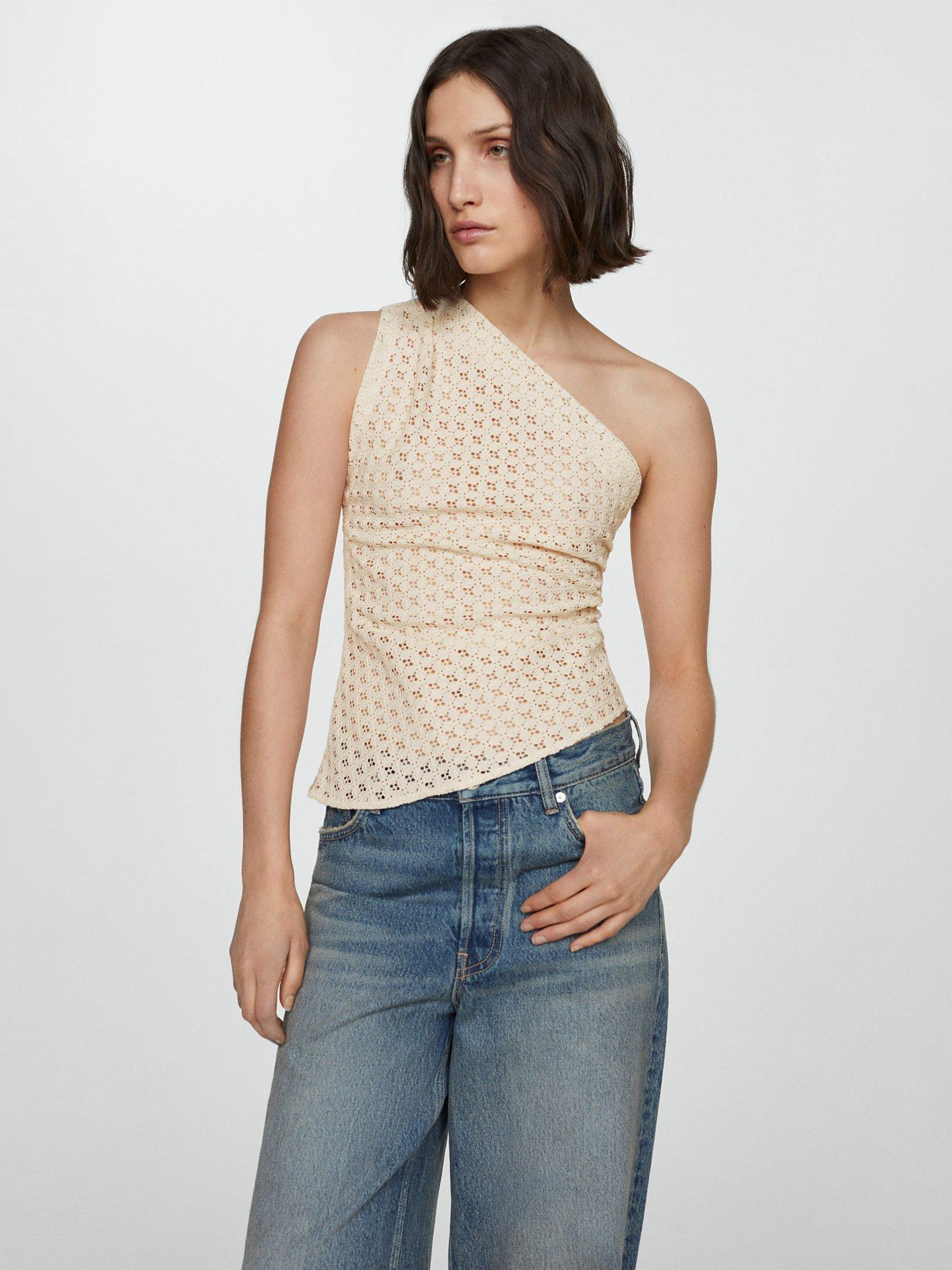 Mango Lemon Asymmetrical Openwork Top, Light Beige