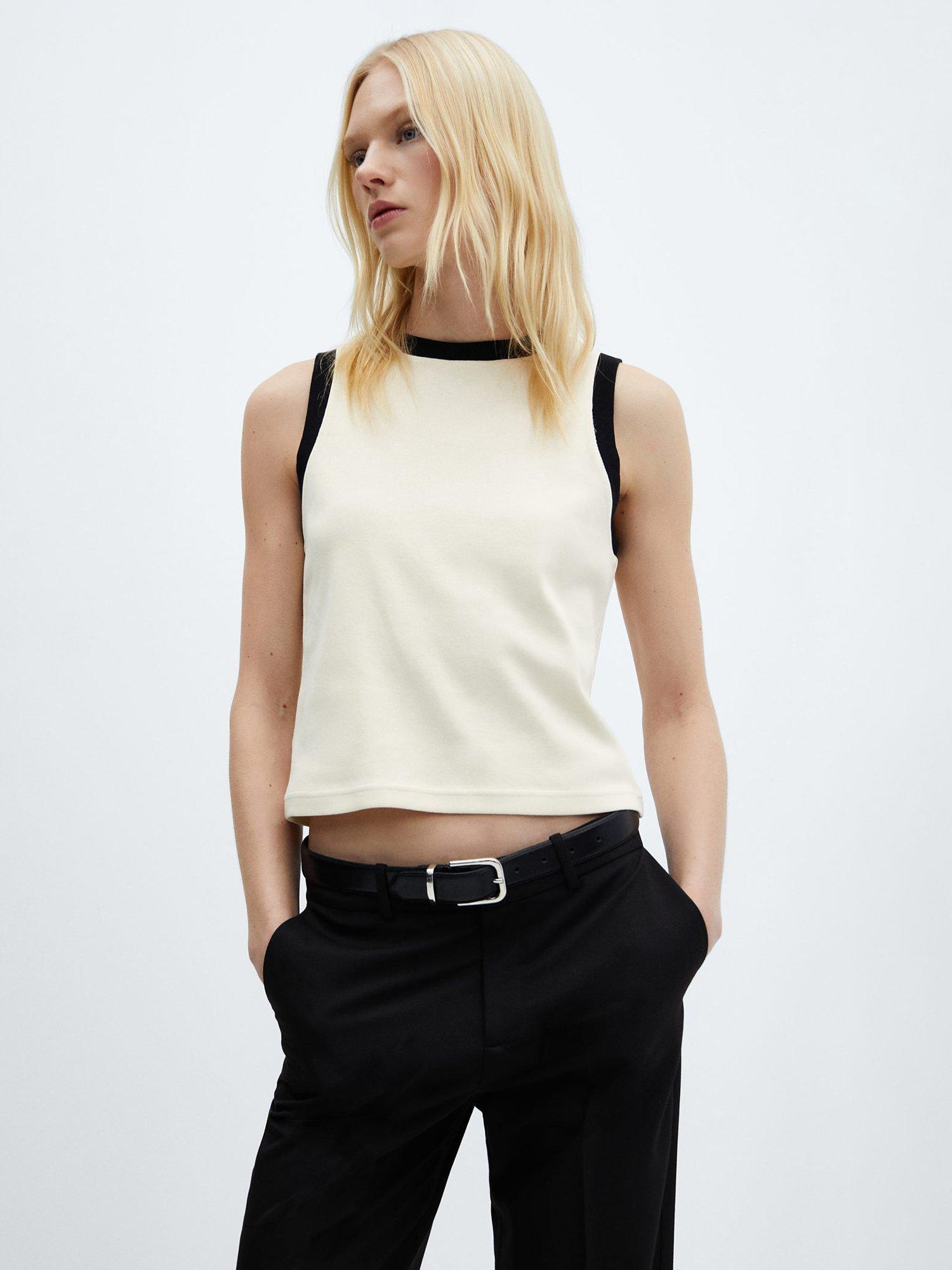 Mango Porto Contrast Trim Top, Light Beige