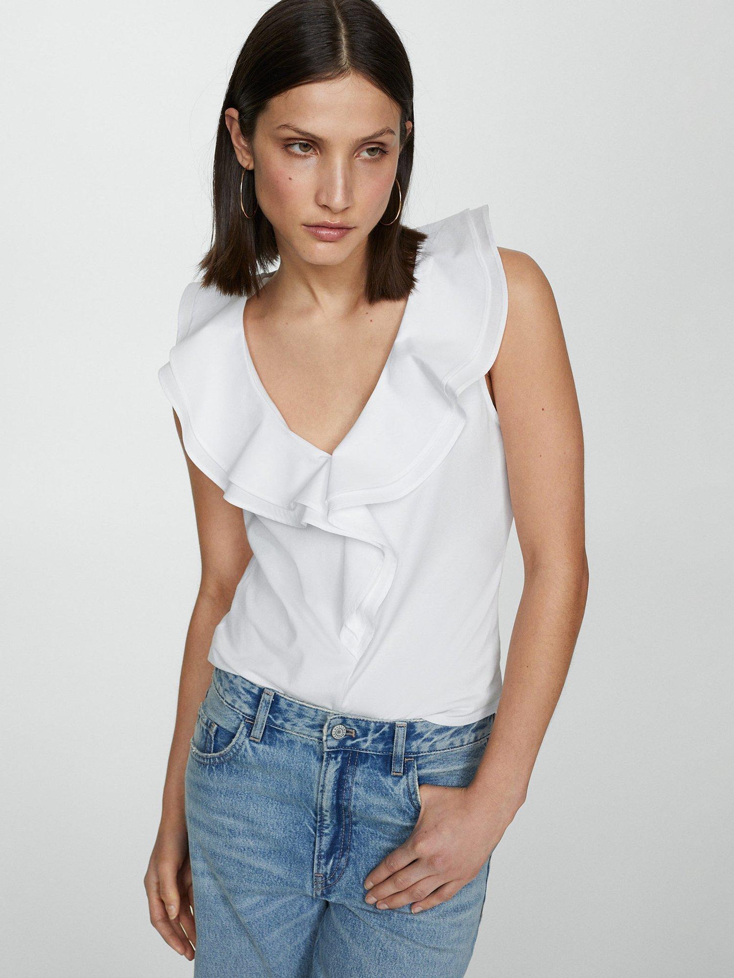 Mango Popli Cotton Ruffled Top, White