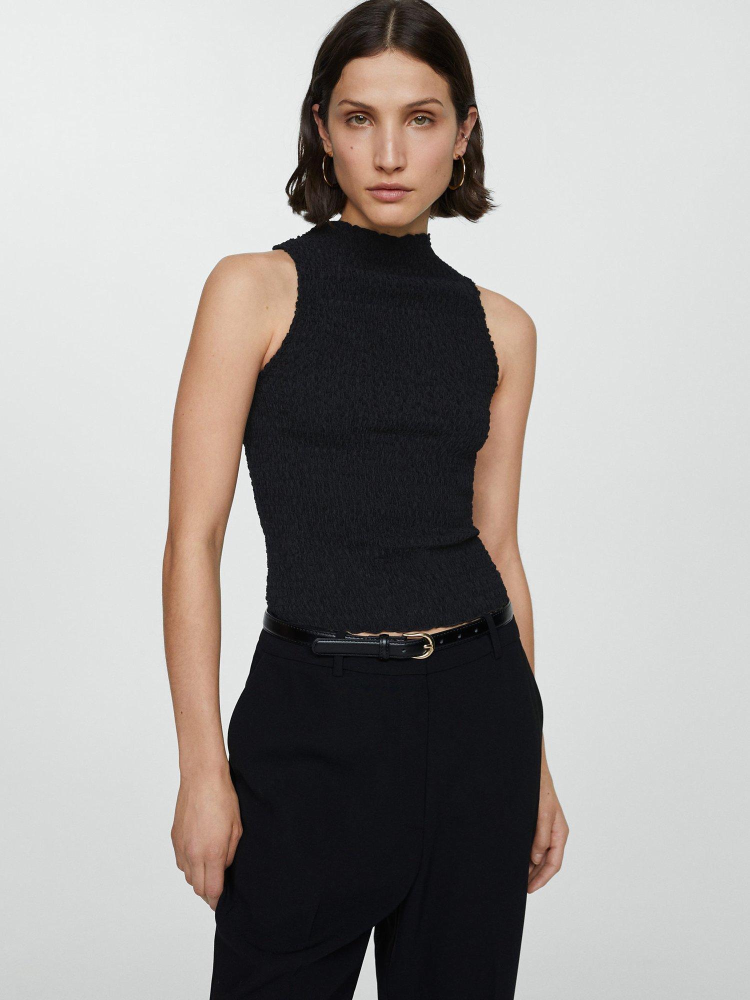 Mango Acai Ruched Sleeveless Top, Black