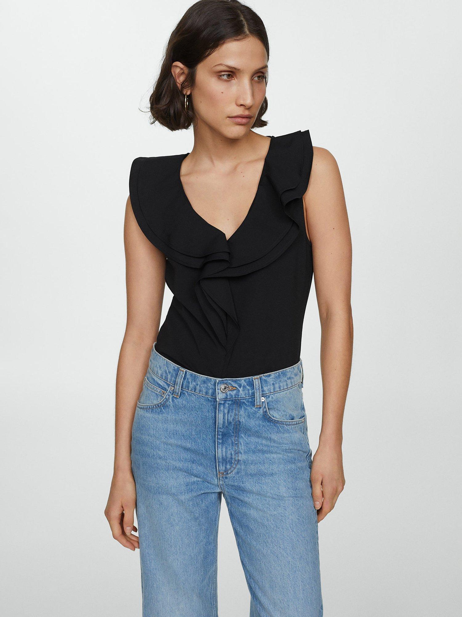 Mango Popli Cotton Ruffled Top, Black