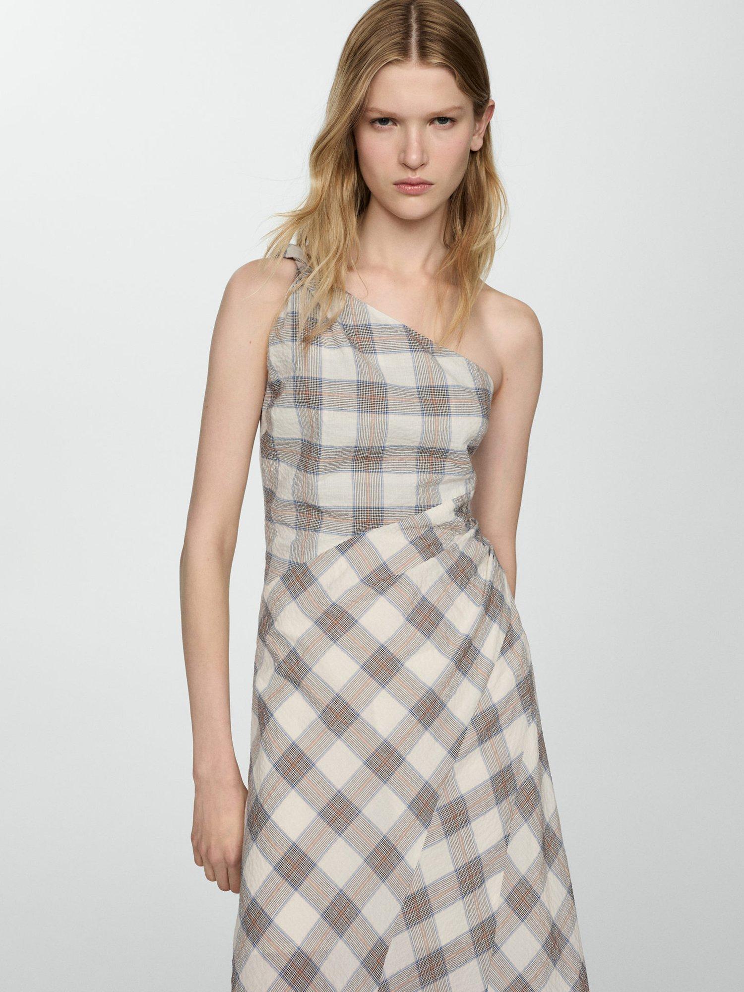 Mango Casidy Checked Asymmetrical Midi Dress, Beige/Multi