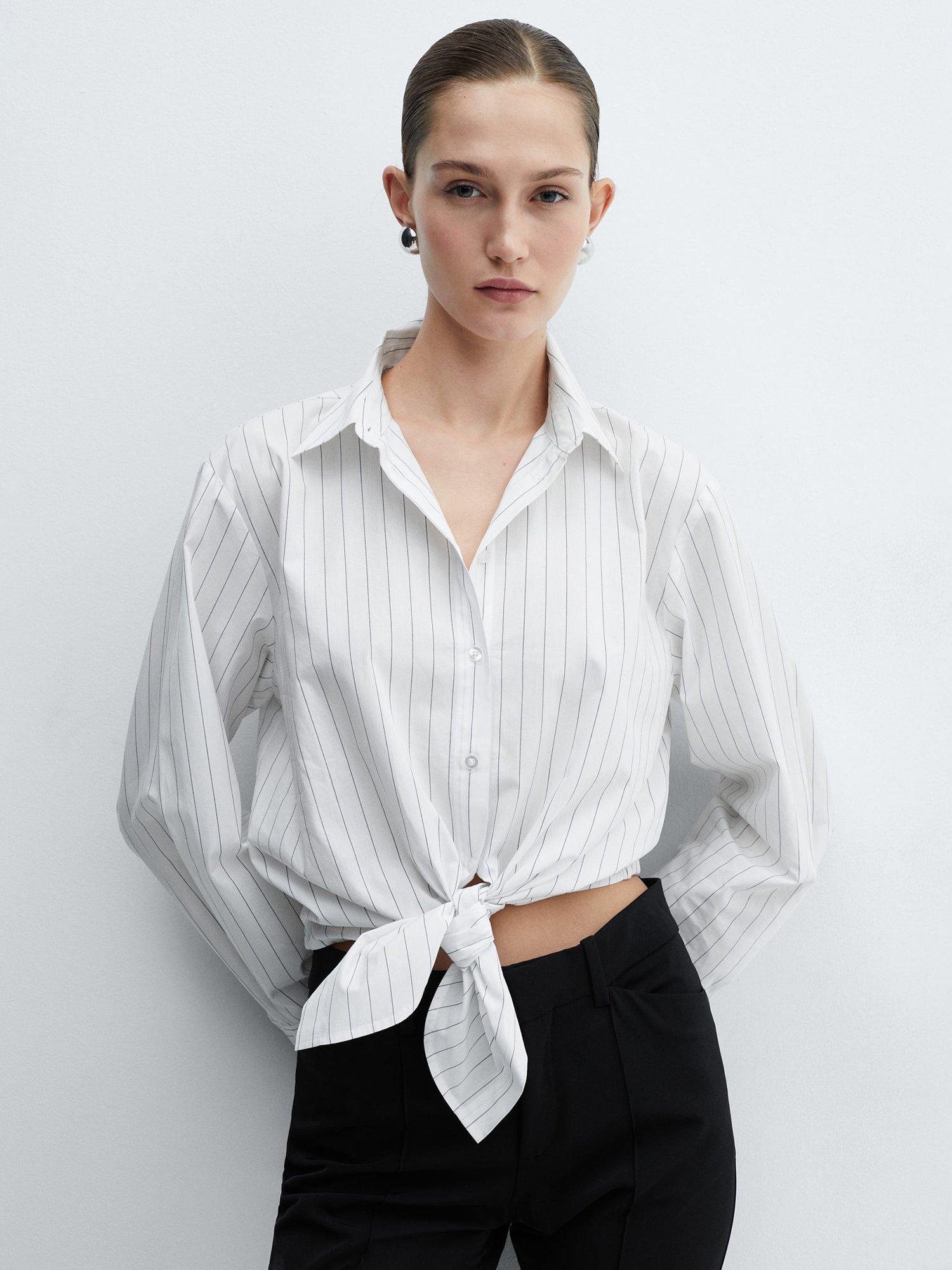Mango Pin Stripe Cotton Cropped Blouse, White/Multi