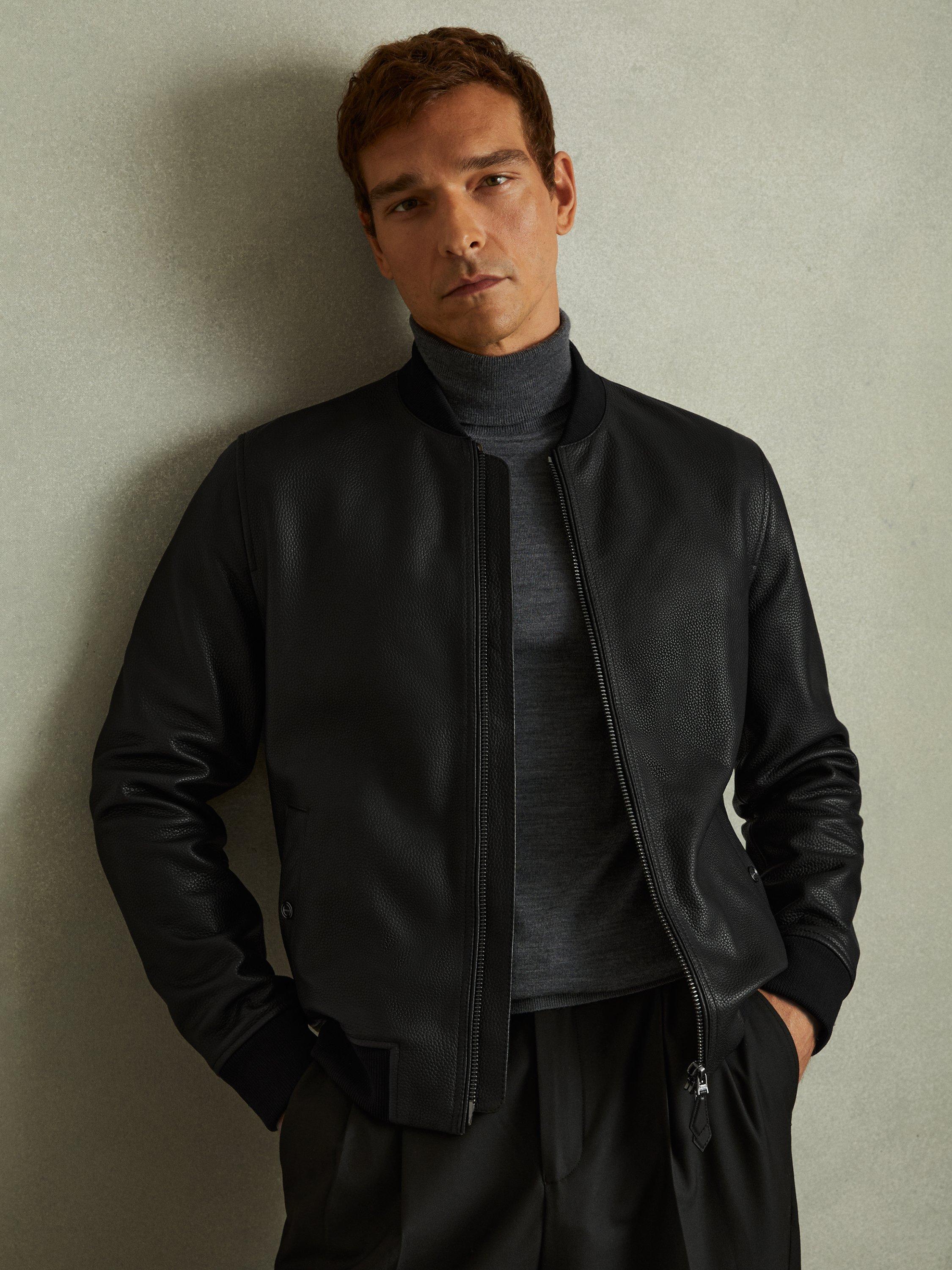 Reiss Cast Leather Bomber Jacket Black