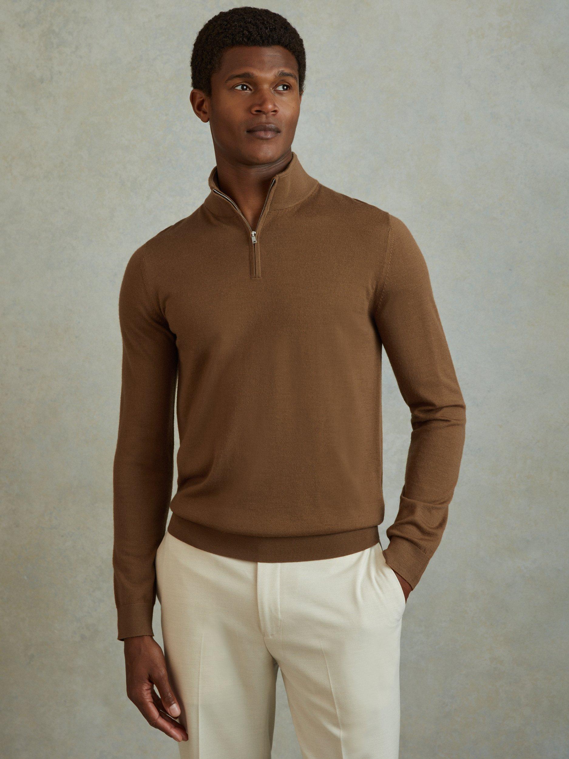 Reiss Blackhall Wool Quarter Zip Jumper, Tobacco Brown