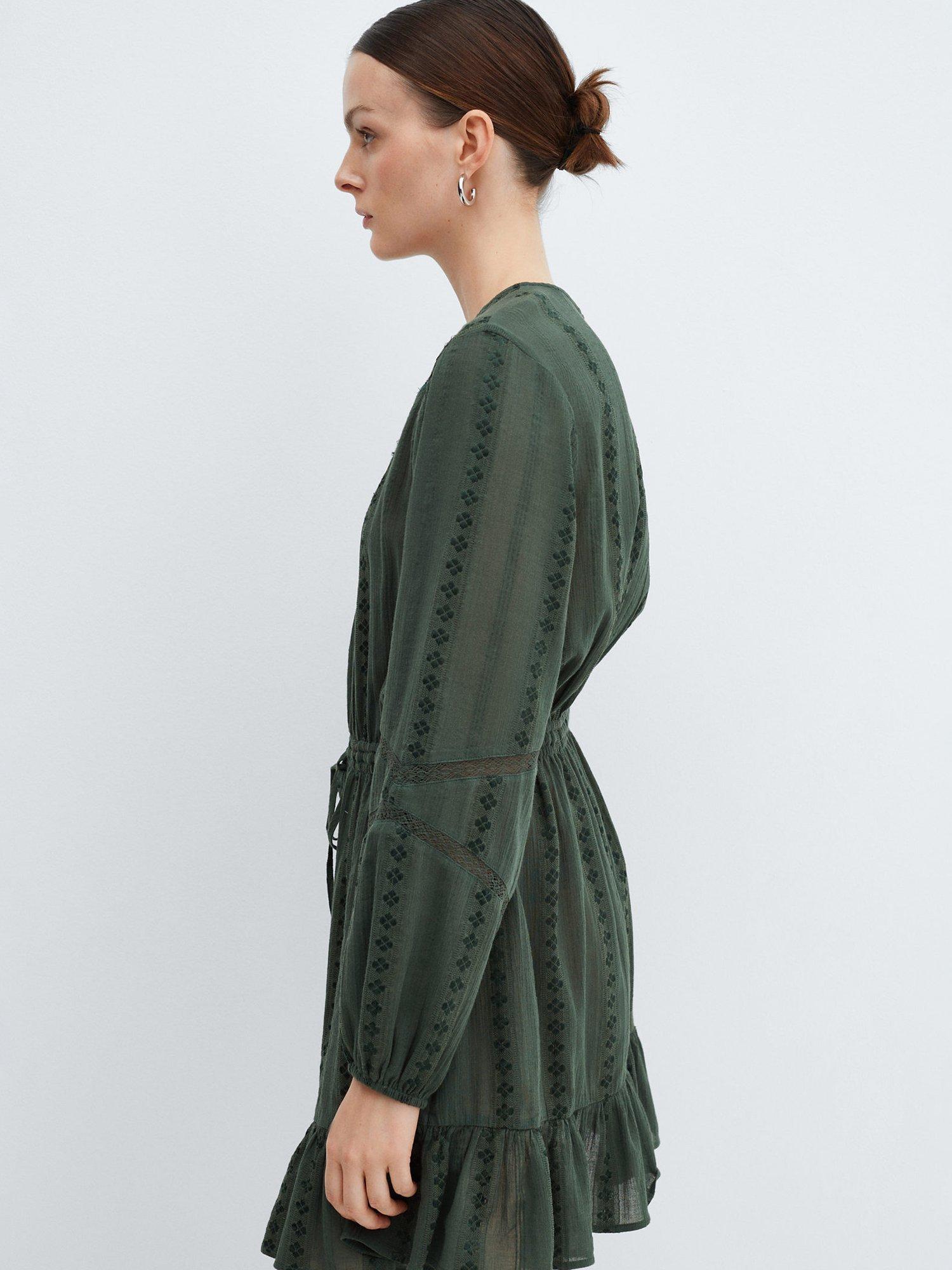 Mango Lucy Puff Sleeved Embroidered Dress, Green