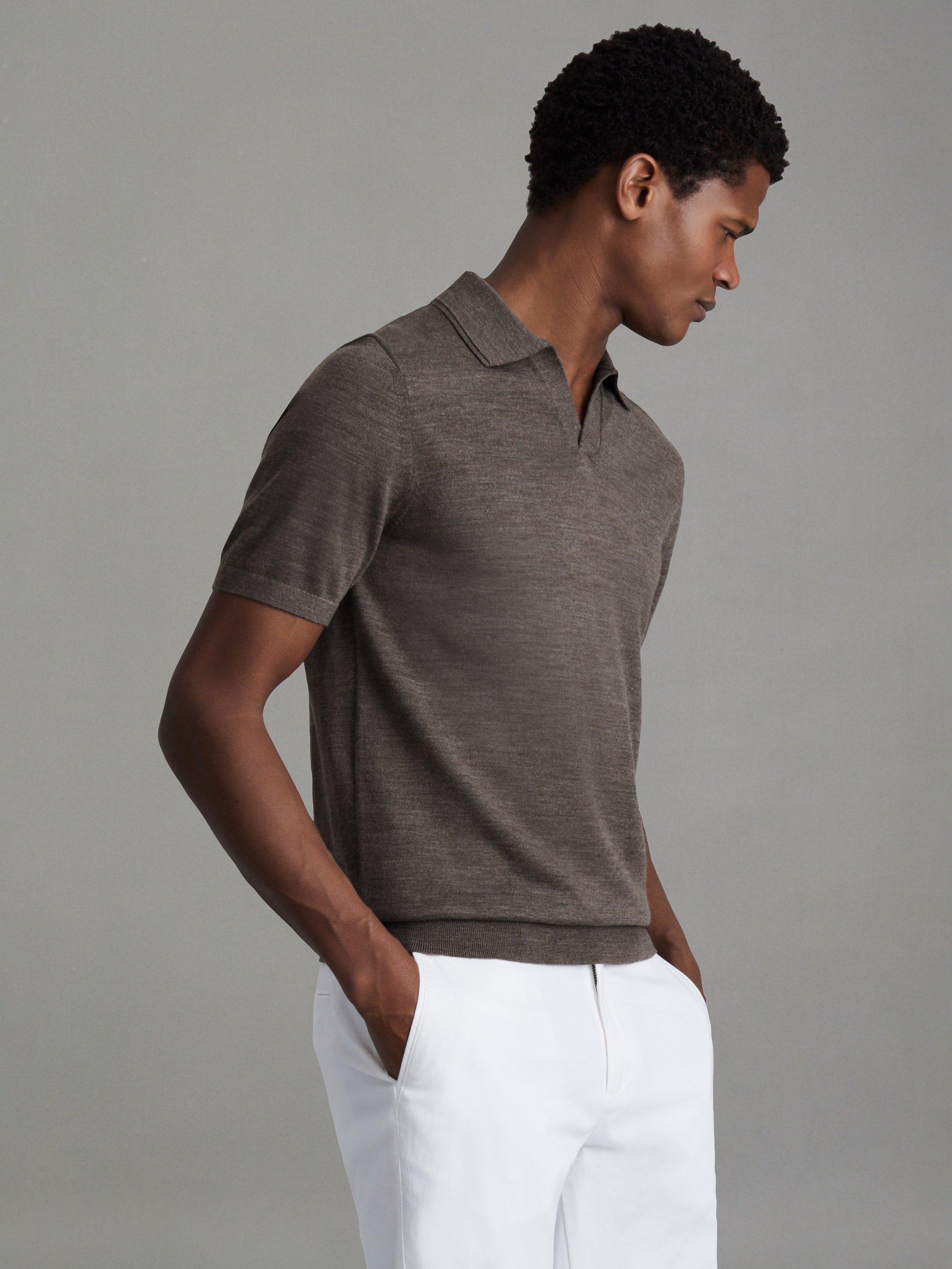 Reiss Duchie Short Sleeve Wool Polo Shirt, Dark Brown Melange