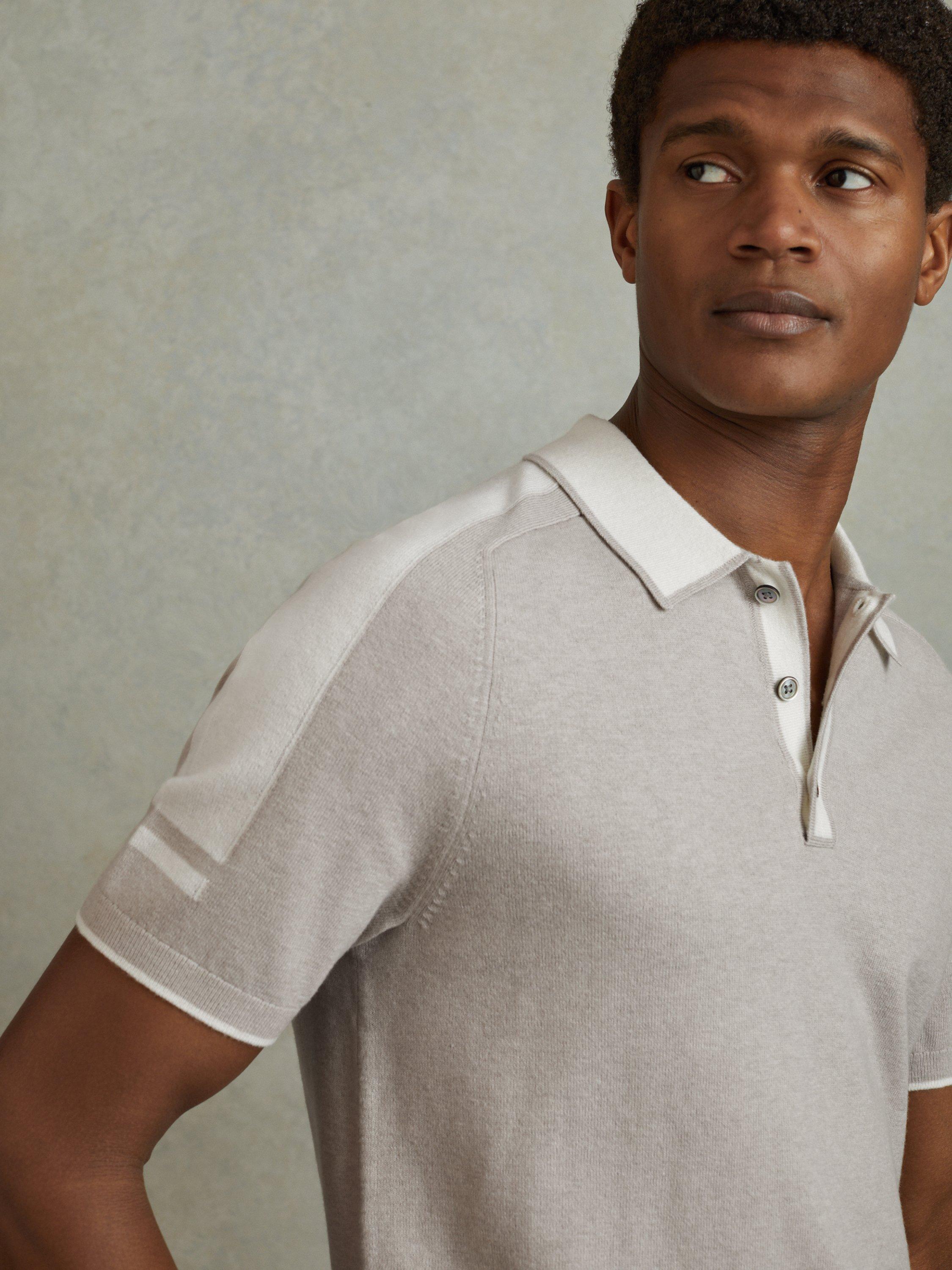 Reiss Brunswick Wool-Cotton Contrast Polo Shirt, Oatmeal Off Whi